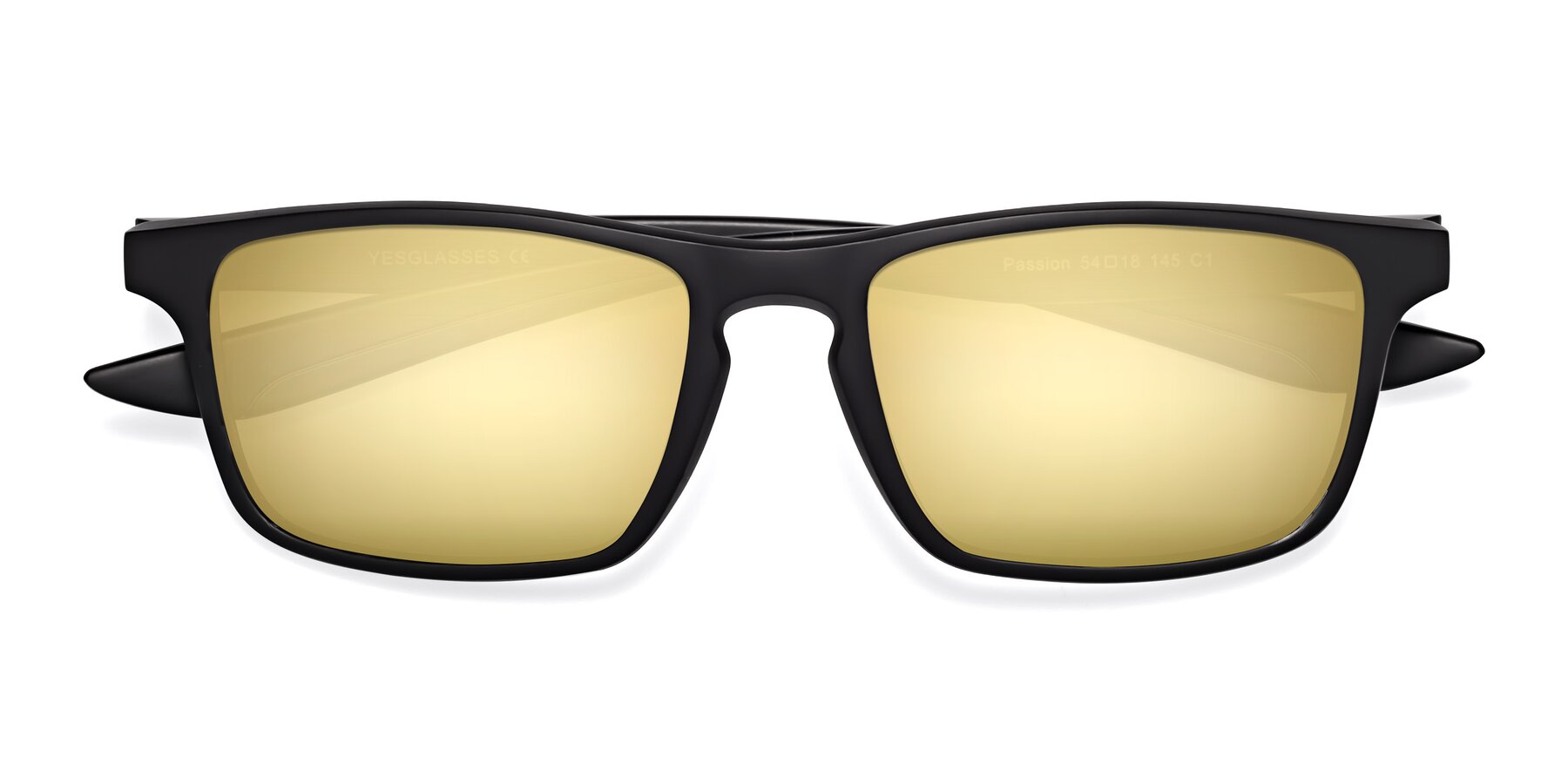 Folded Front of Passion in Matte Black with Gold Mirrored Lenses
