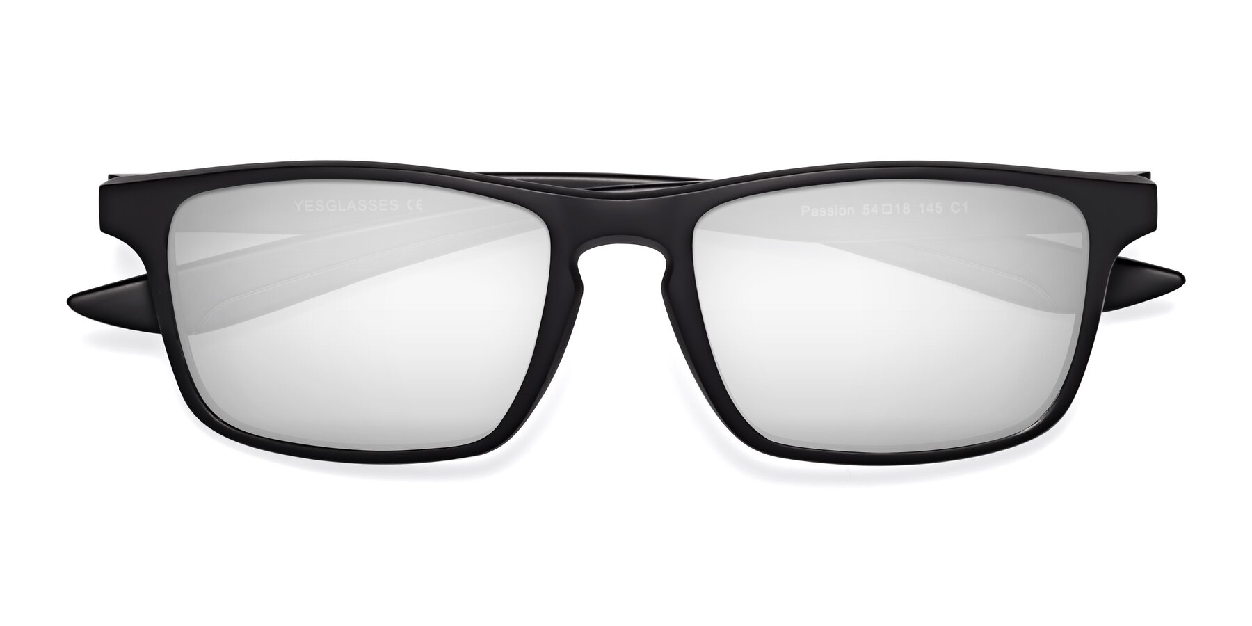 Folded Front of Passion in Matte Black with Silver Mirrored Lenses