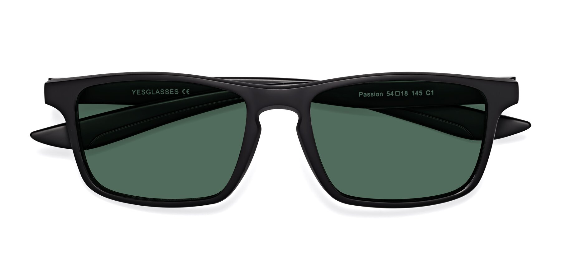 Folded Front of Passion in Matte Black with Green Polarized Lenses