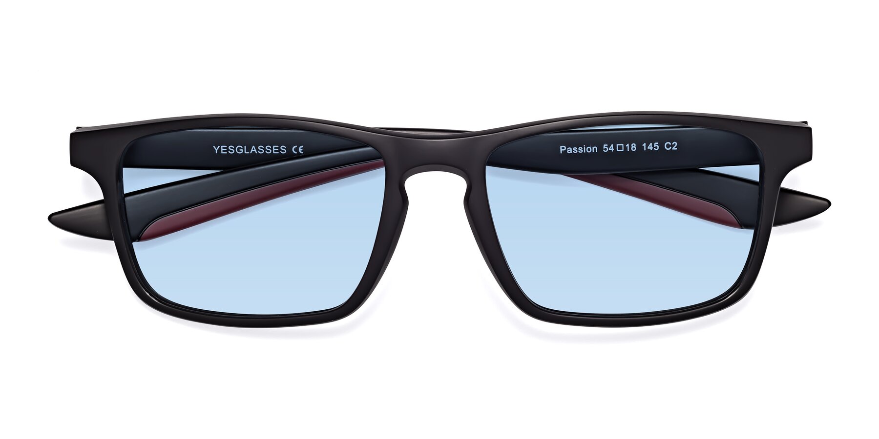 Folded Front of Passion in Matte Black-Wine with Light Blue Tinted Lenses