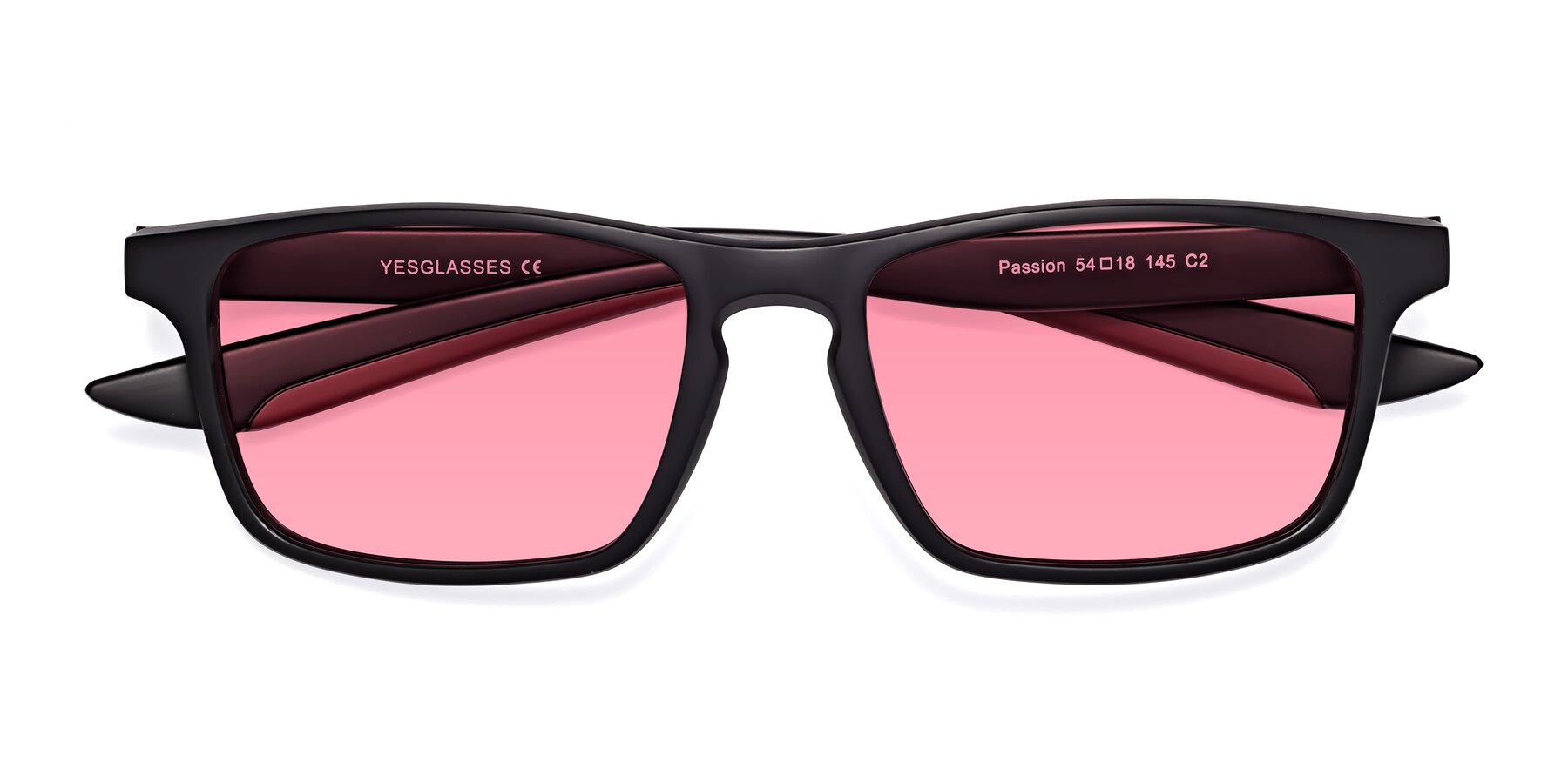 Folded Front of Passion in Matte Black-Wine with Pink Tinted Lenses