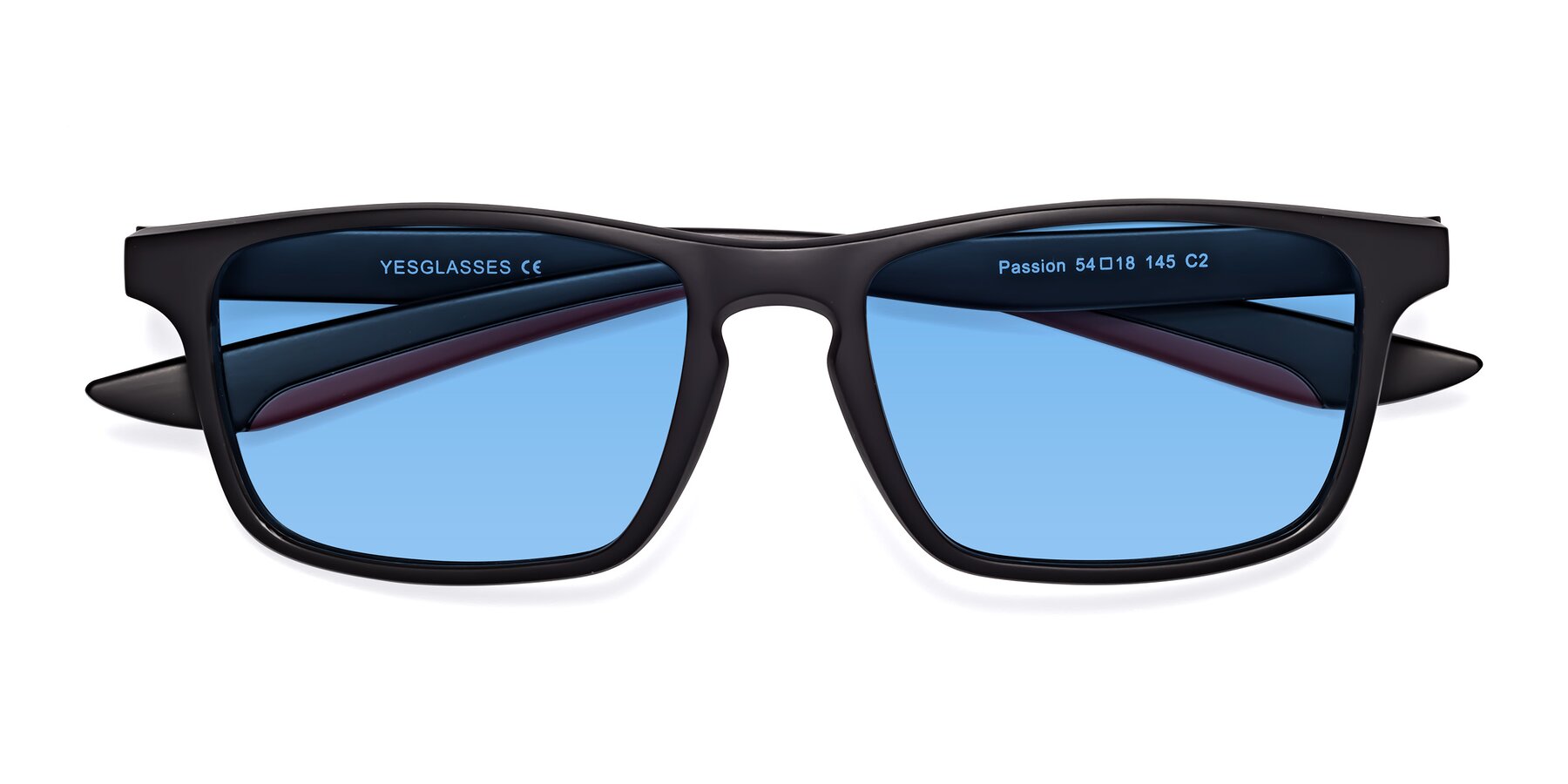 Folded Front of Passion in Matte Black-Wine with Medium Blue Tinted Lenses