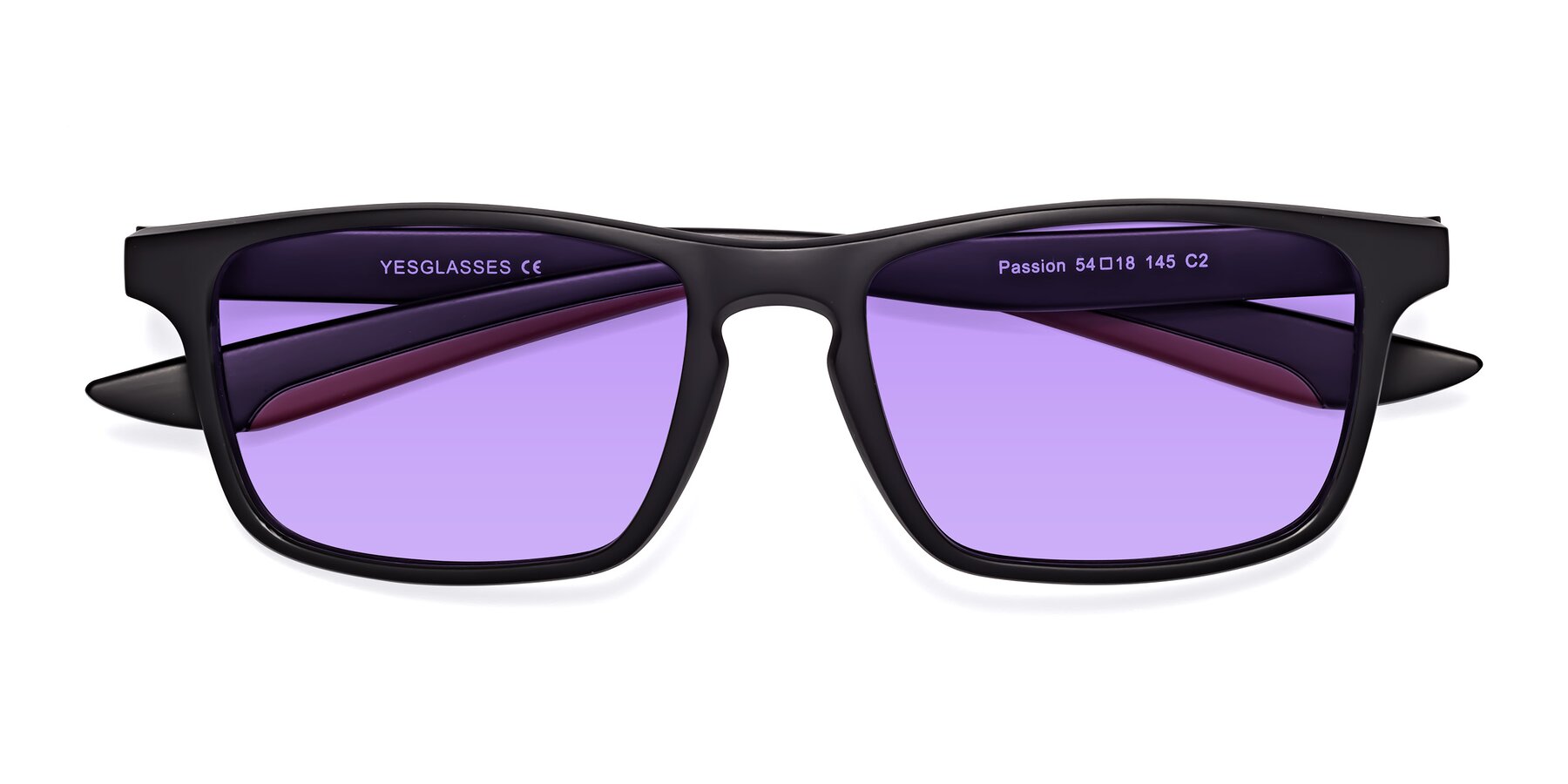 Folded Front of Passion in Matte Black-Wine with Medium Purple Tinted Lenses