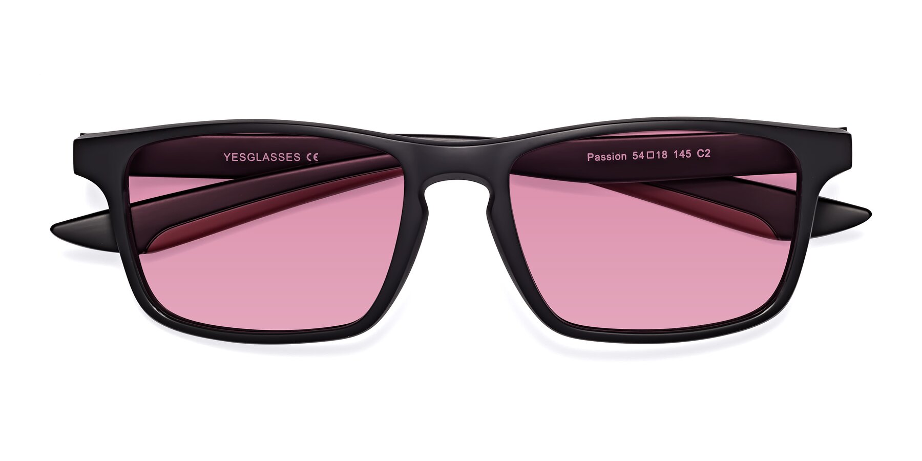 Folded Front of Passion in Matte Black-Wine with Medium Wine Tinted Lenses