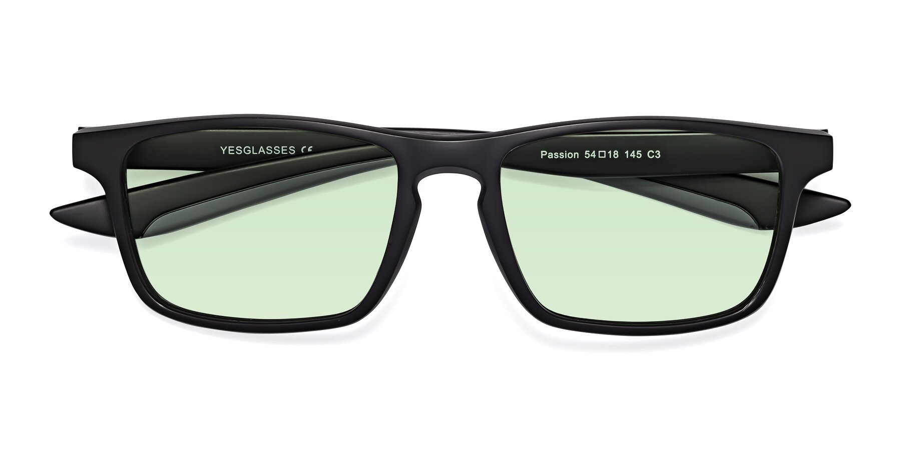 Folded Front of Passion in Matte Black-Gray with Light Green Tinted Lenses