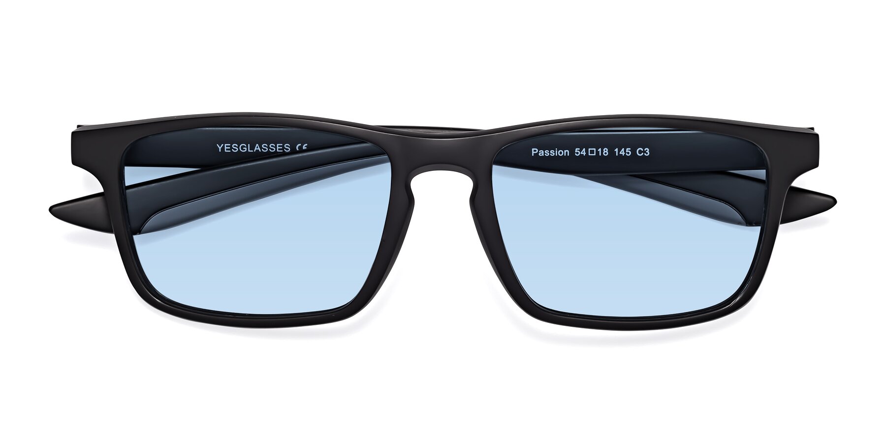 Folded Front of Passion in Matte Black-Gray with Light Blue Tinted Lenses