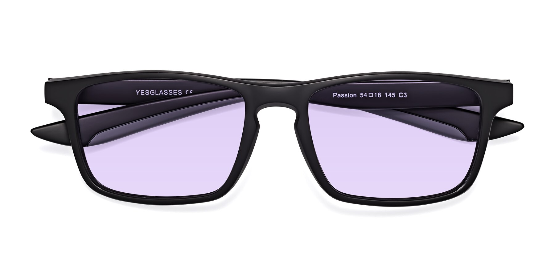 Folded Front of Passion in Matte Black-Gray with Light Purple Tinted Lenses