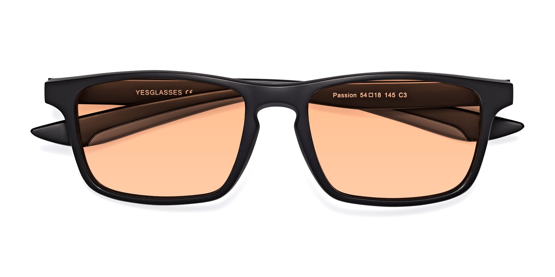 Folded Front of Passion in Matte Black-Gray with Light Orange Tinted Lenses