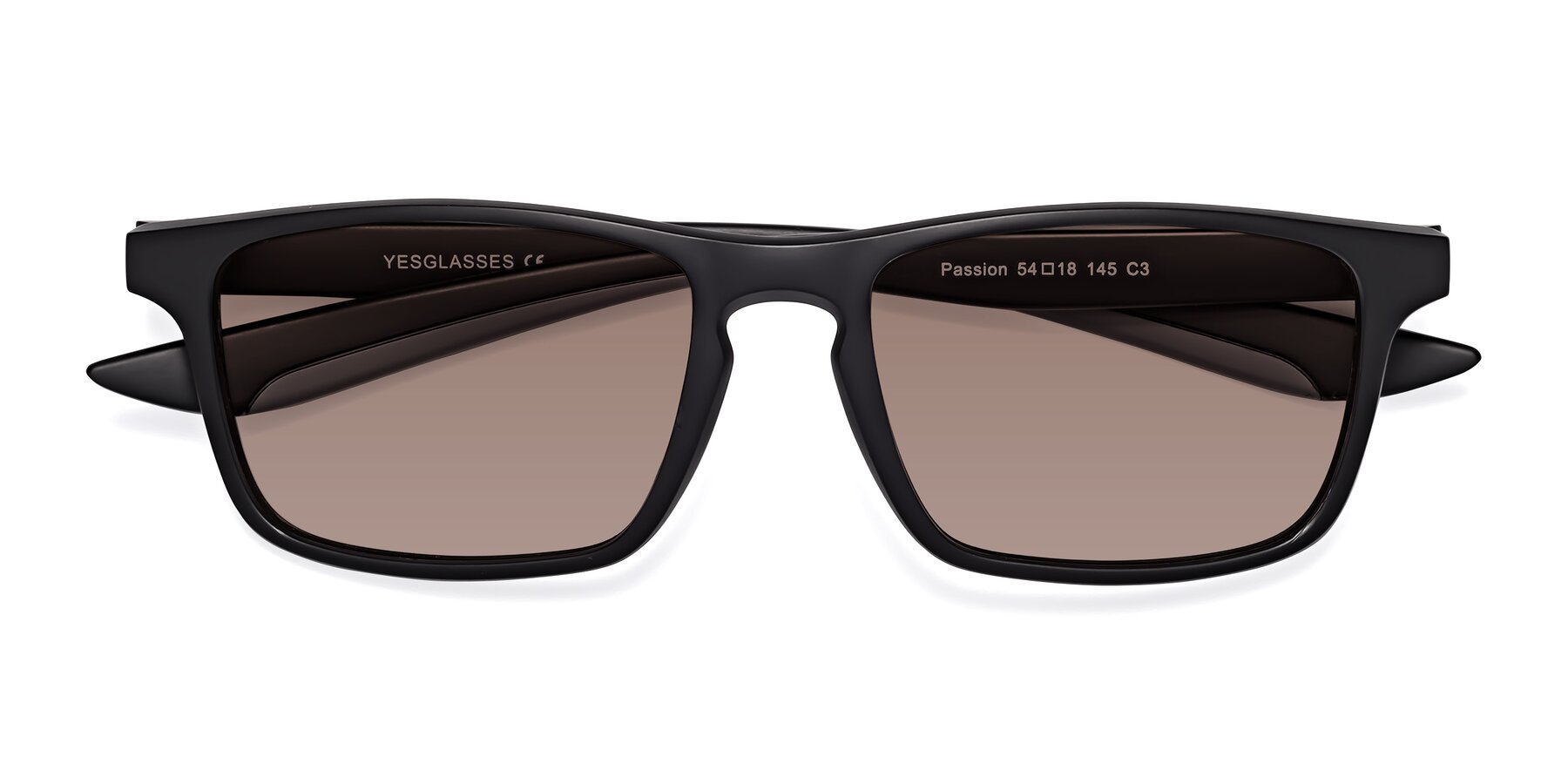 Folded Front of Passion in Matte Black-Gray with Medium Brown Tinted Lenses