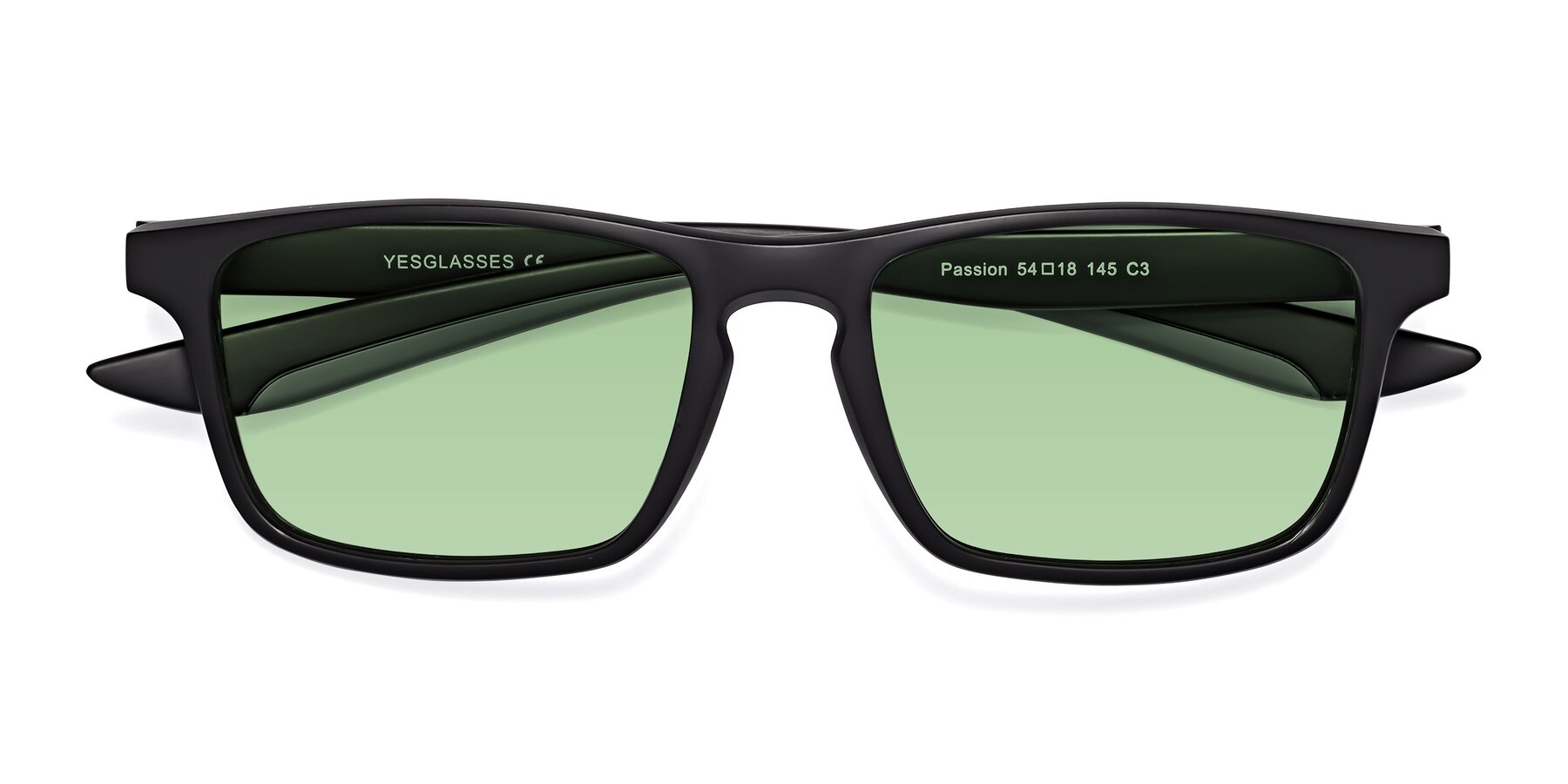 Folded Front of Passion in Matte Black-Gray with Medium Green Tinted Lenses