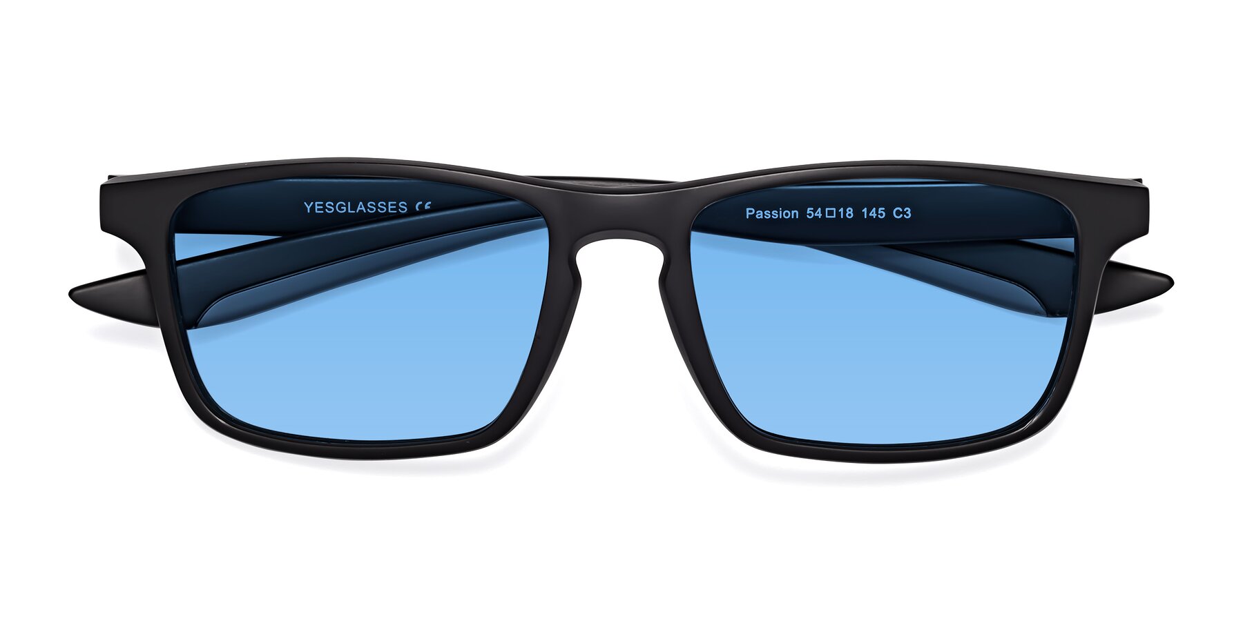 Folded Front of Passion in Matte Black-Gray with Medium Blue Tinted Lenses
