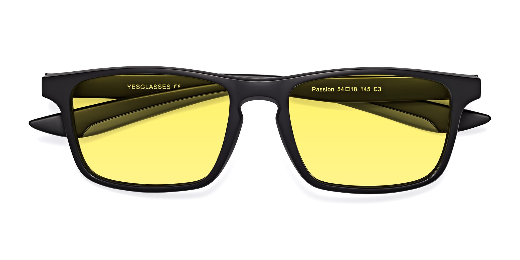 Folded Front of Passion in Matte Black-Gray with Medium Yellow Tinted Lenses