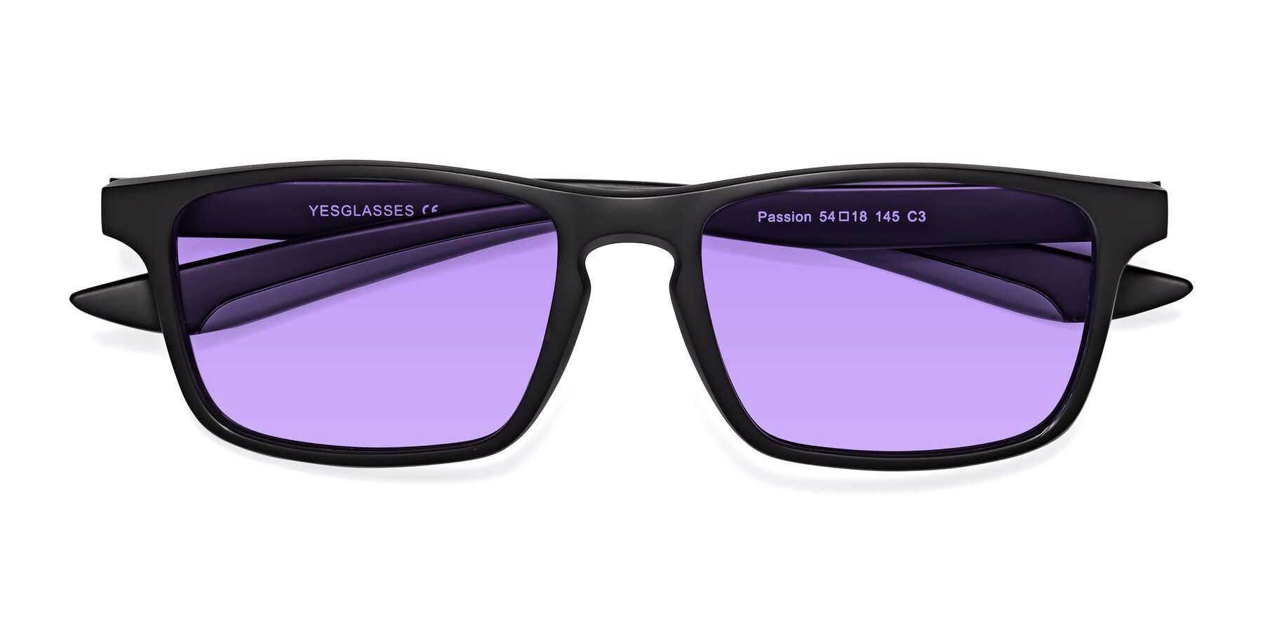 Folded Front of Passion in Matte Black-Gray with Medium Purple Tinted Lenses
