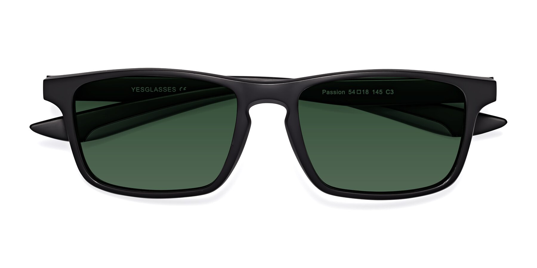 Folded Front of Passion in Matte Black-Gray with Green Tinted Lenses