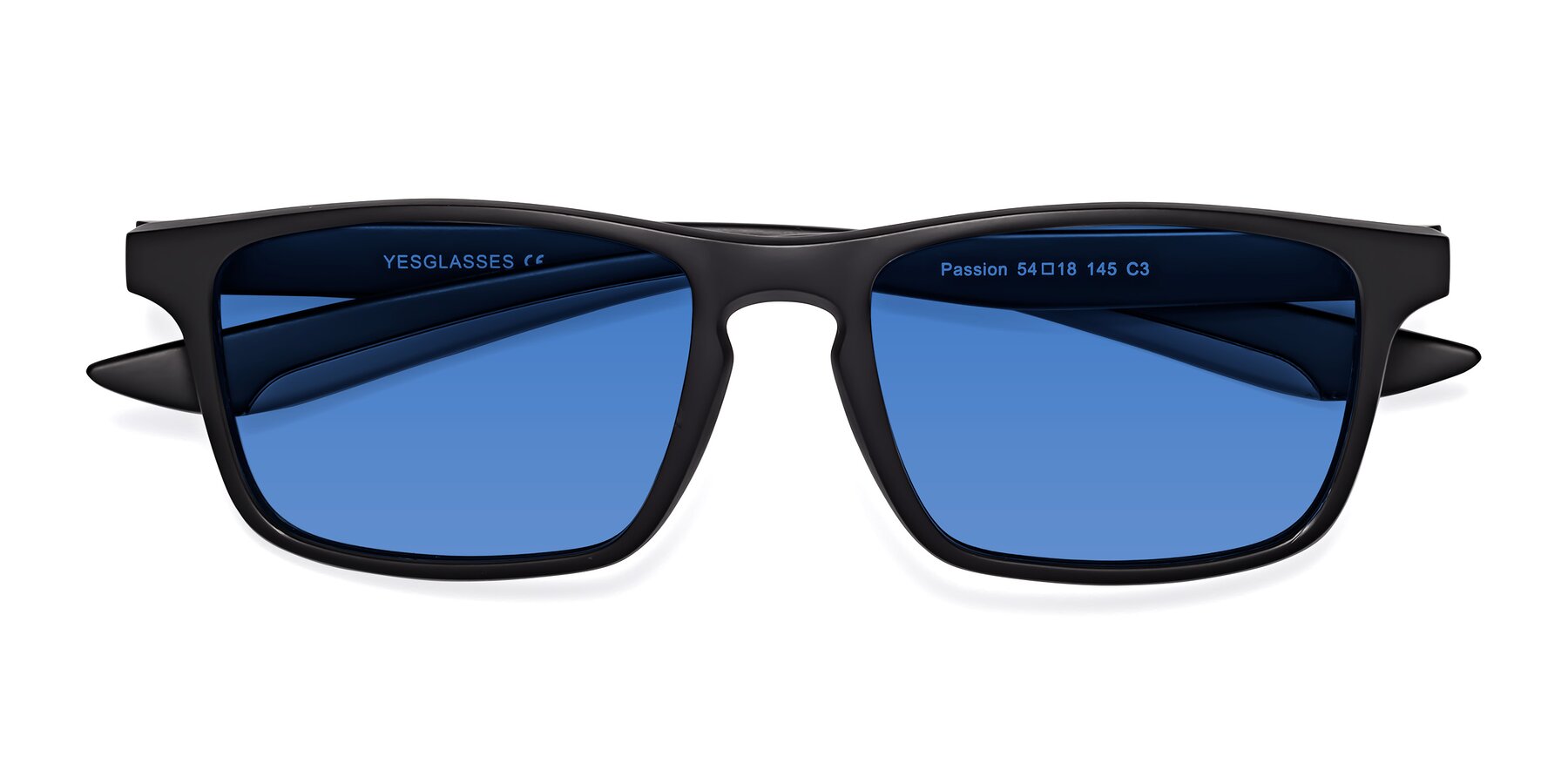 Folded Front of Passion in Matte Black-Gray with Blue Tinted Lenses