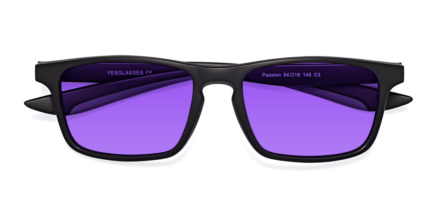 Folded Front of Passion in Matte Black-Gray with Purple Tinted Lenses