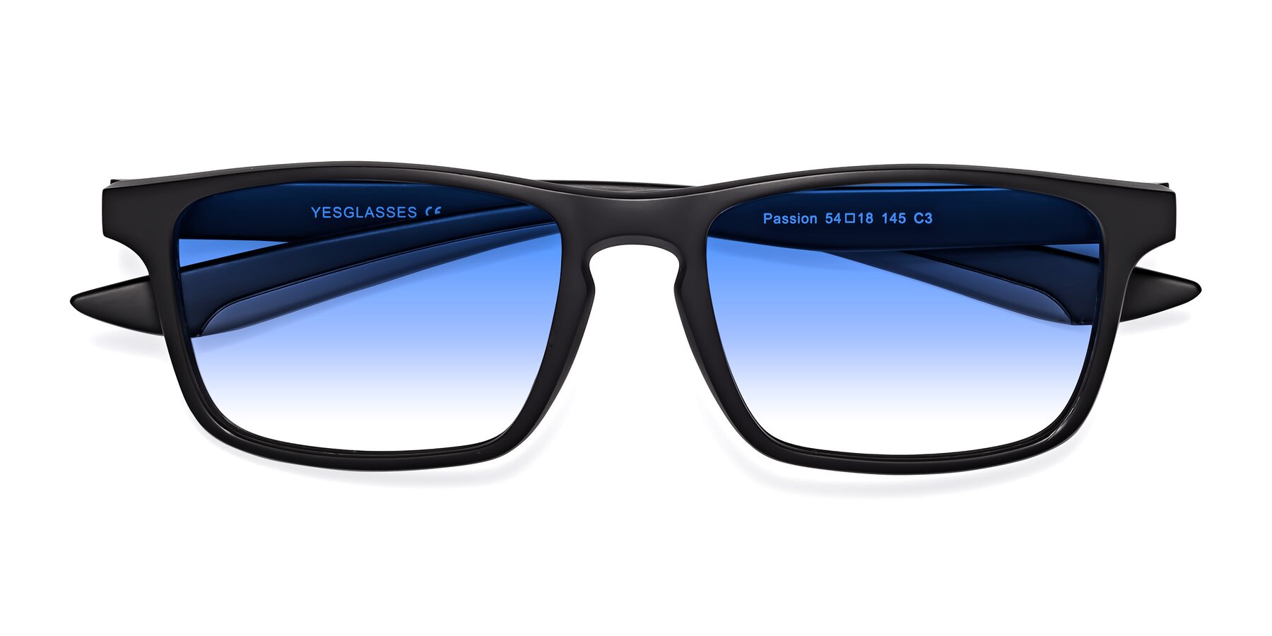 Folded Front of Passion in Matte Black-Gray with Blue Gradient Lenses