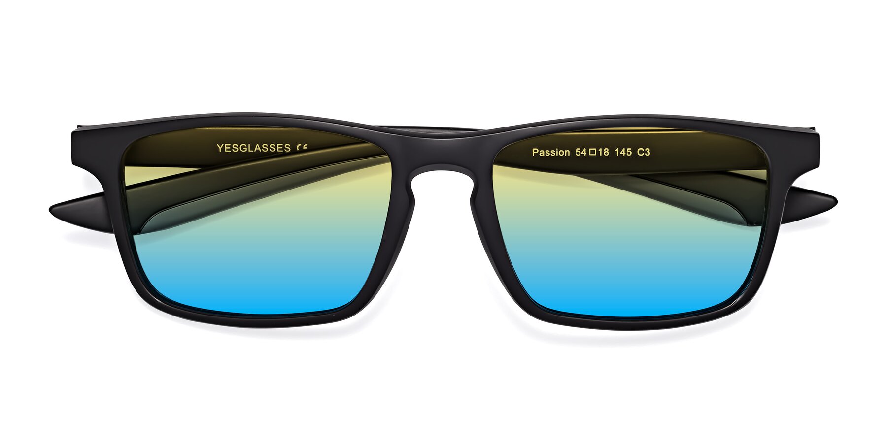 Folded Front of Passion in Matte Black-Gray with Yellow / Blue Gradient Lenses