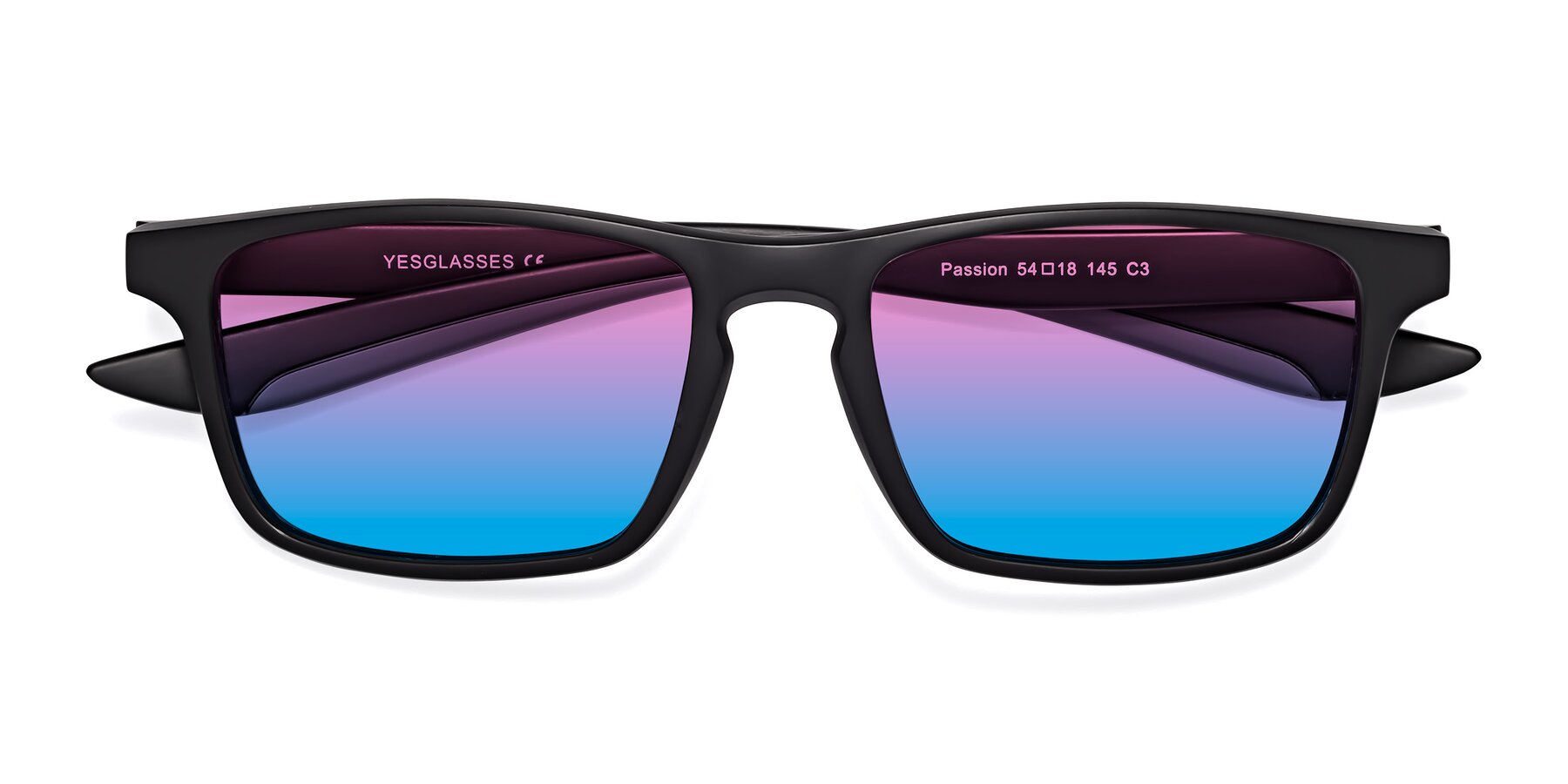 Folded Front of Passion in Matte Black-Gray with Pink / Blue Gradient Lenses