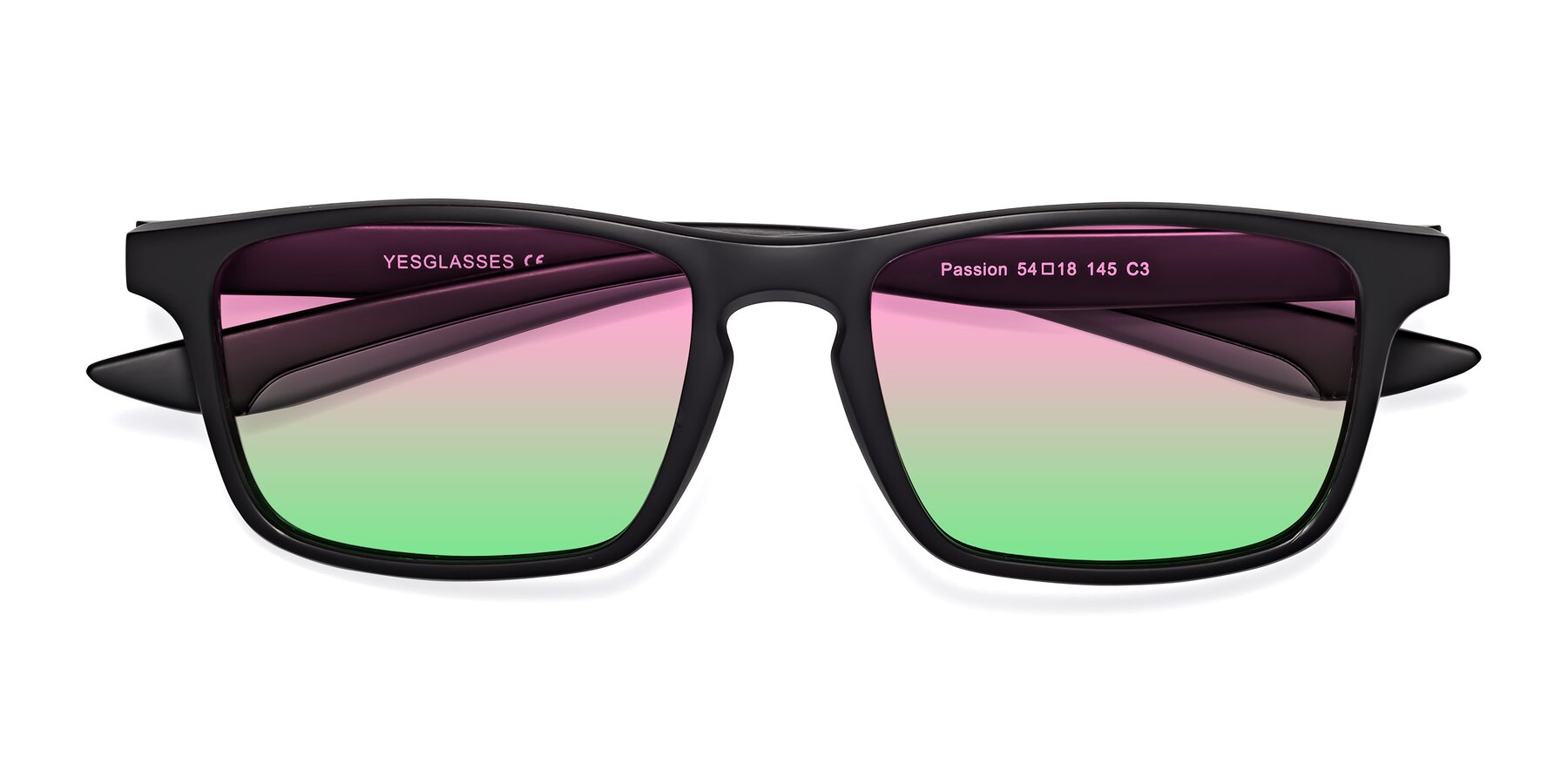 Folded Front of Passion in Matte Black-Gray with Pink / Green Gradient Lenses