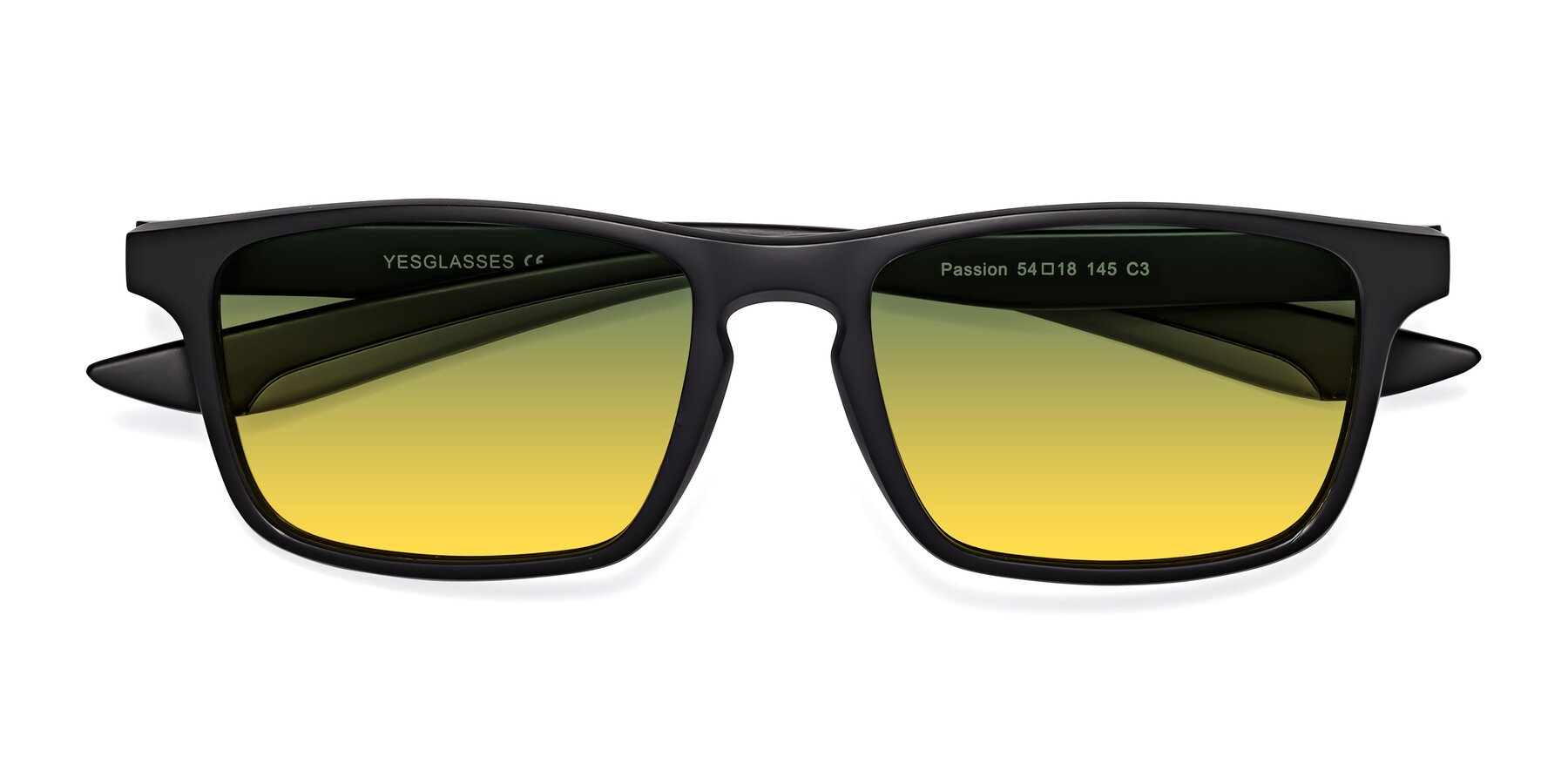 Folded Front of Passion in Matte Black-Gray with Green / Yellow Gradient Lenses