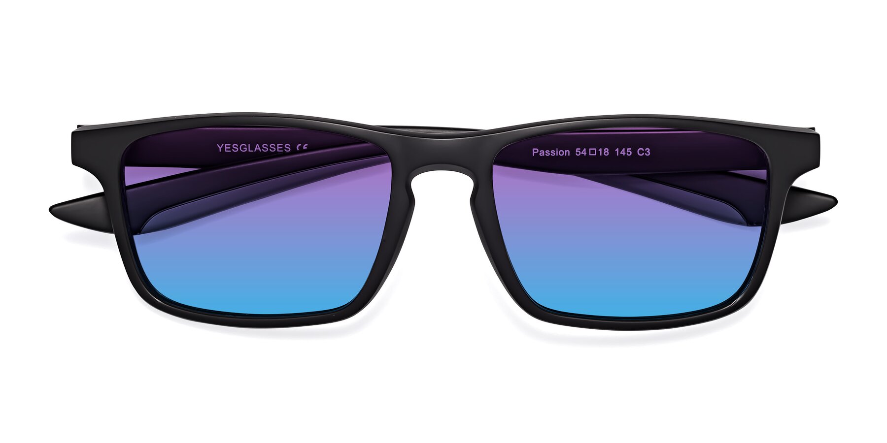 Folded Front of Passion in Matte Black-Gray with Purple / Blue Gradient Lenses