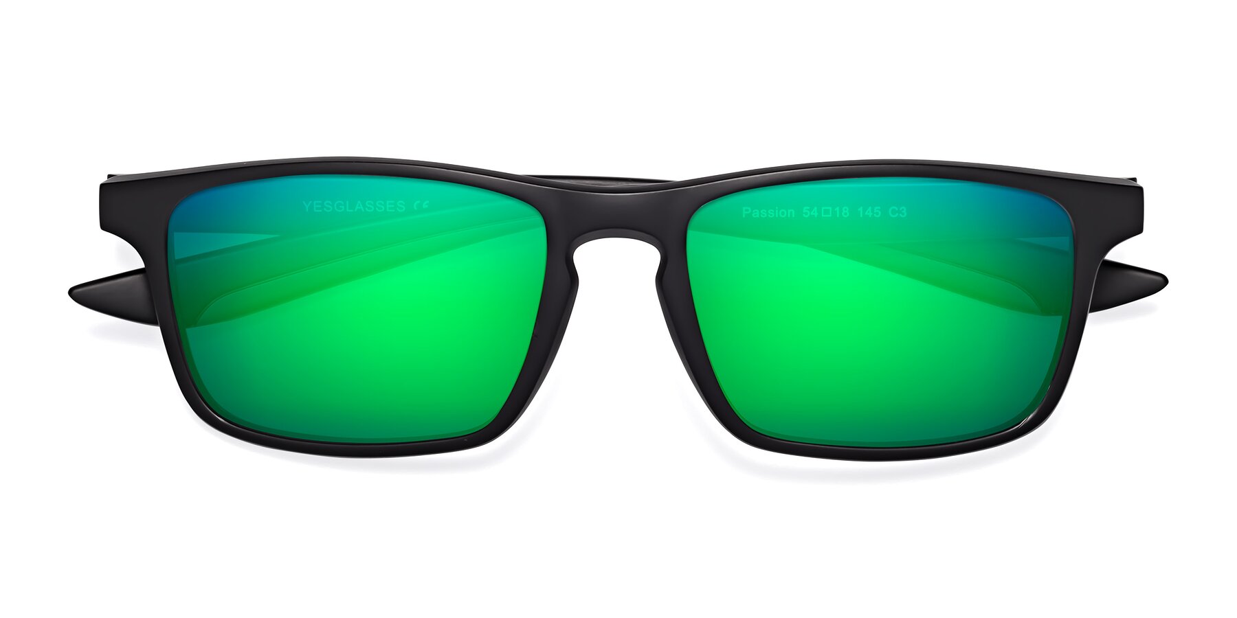 Folded Front of Passion in Matte Black-Gray with Green Mirrored Lenses