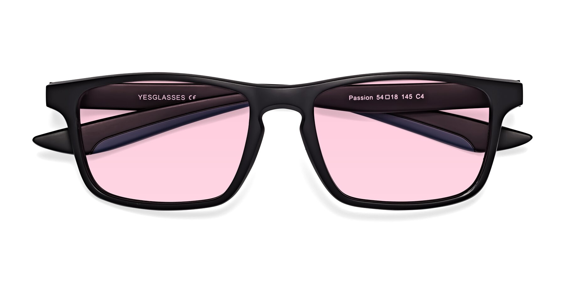 Folded Front of Passion in Matte Black-Blue with Light Pink Tinted Lenses