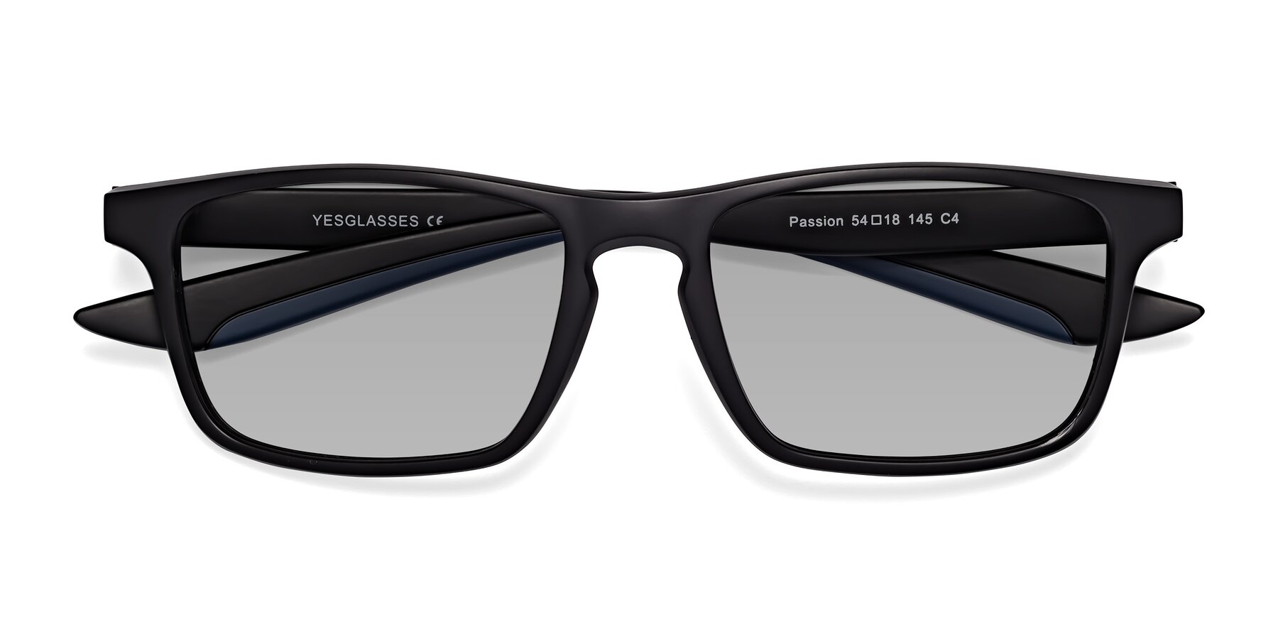 Folded Front of Passion in Matte Black-Blue with Light Gray Tinted Lenses