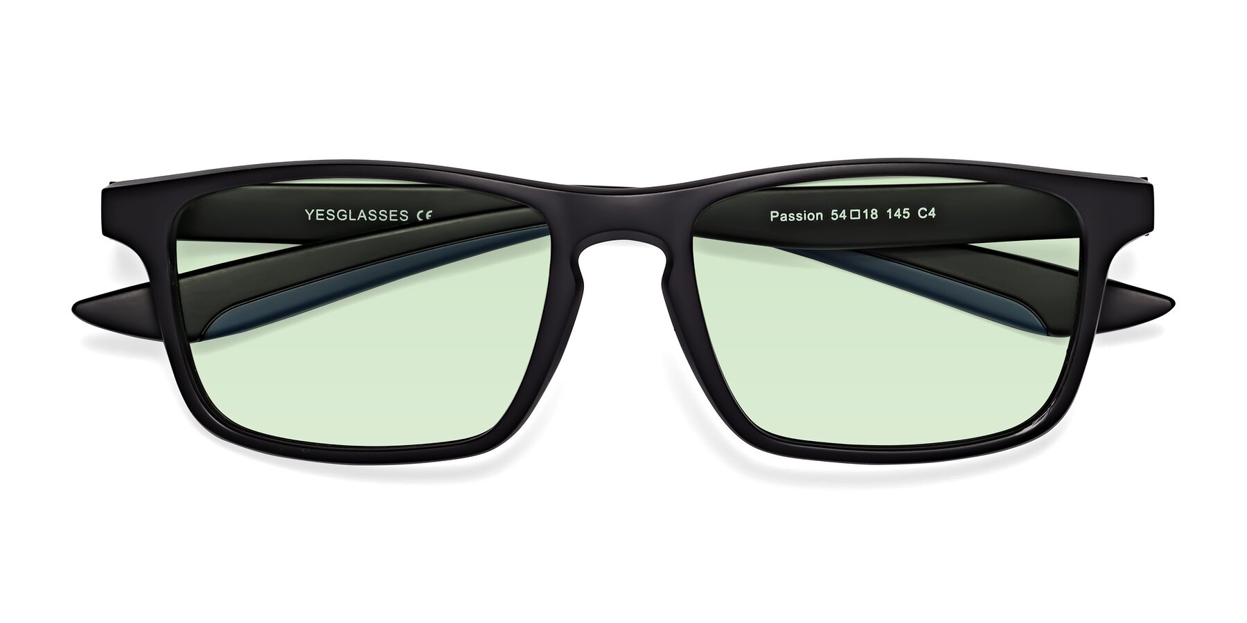 Folded Front of Passion in Matte Black-Blue with Light Green Tinted Lenses