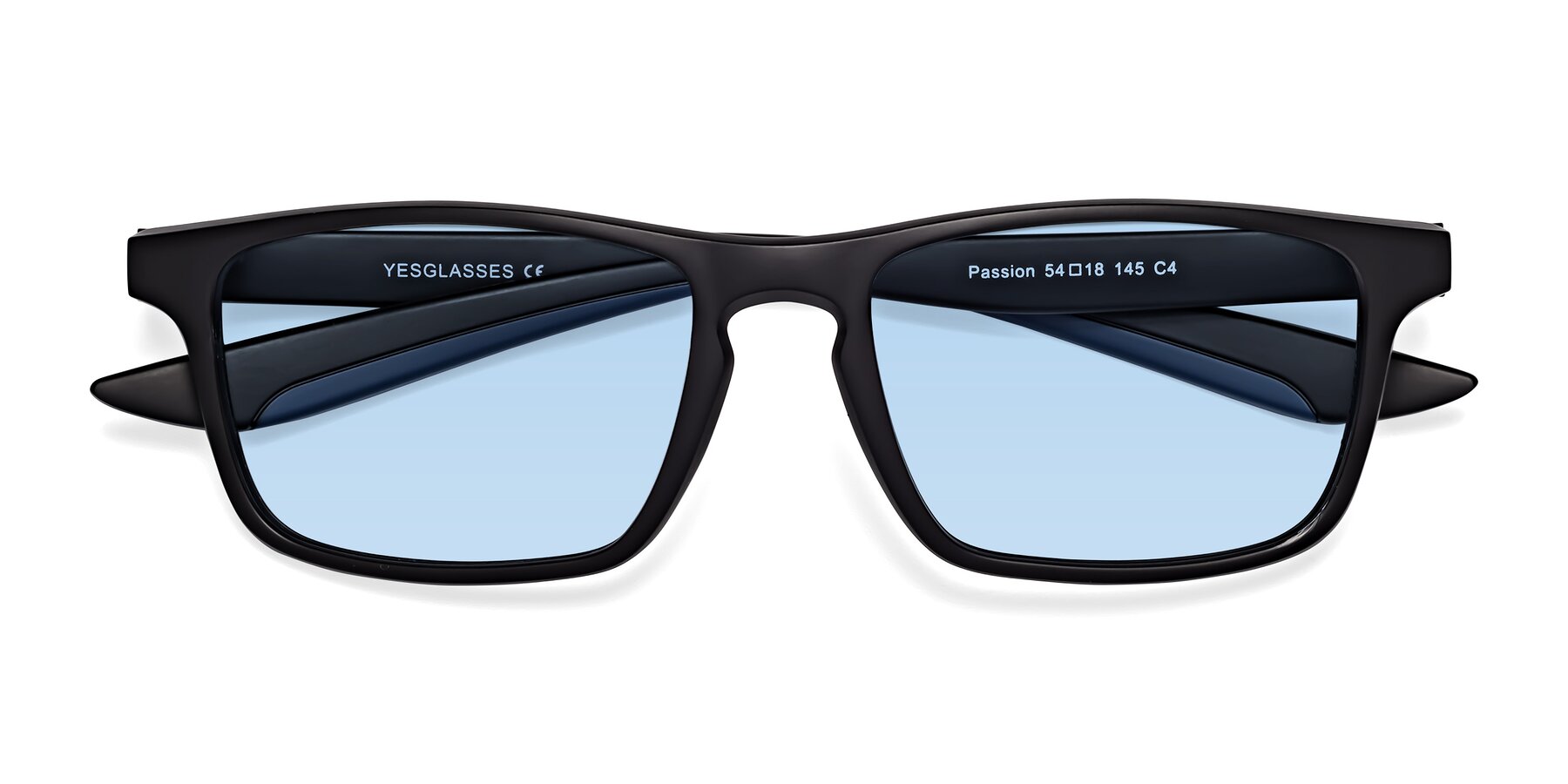 Folded Front of Passion in Matte Black-Blue with Light Blue Tinted Lenses