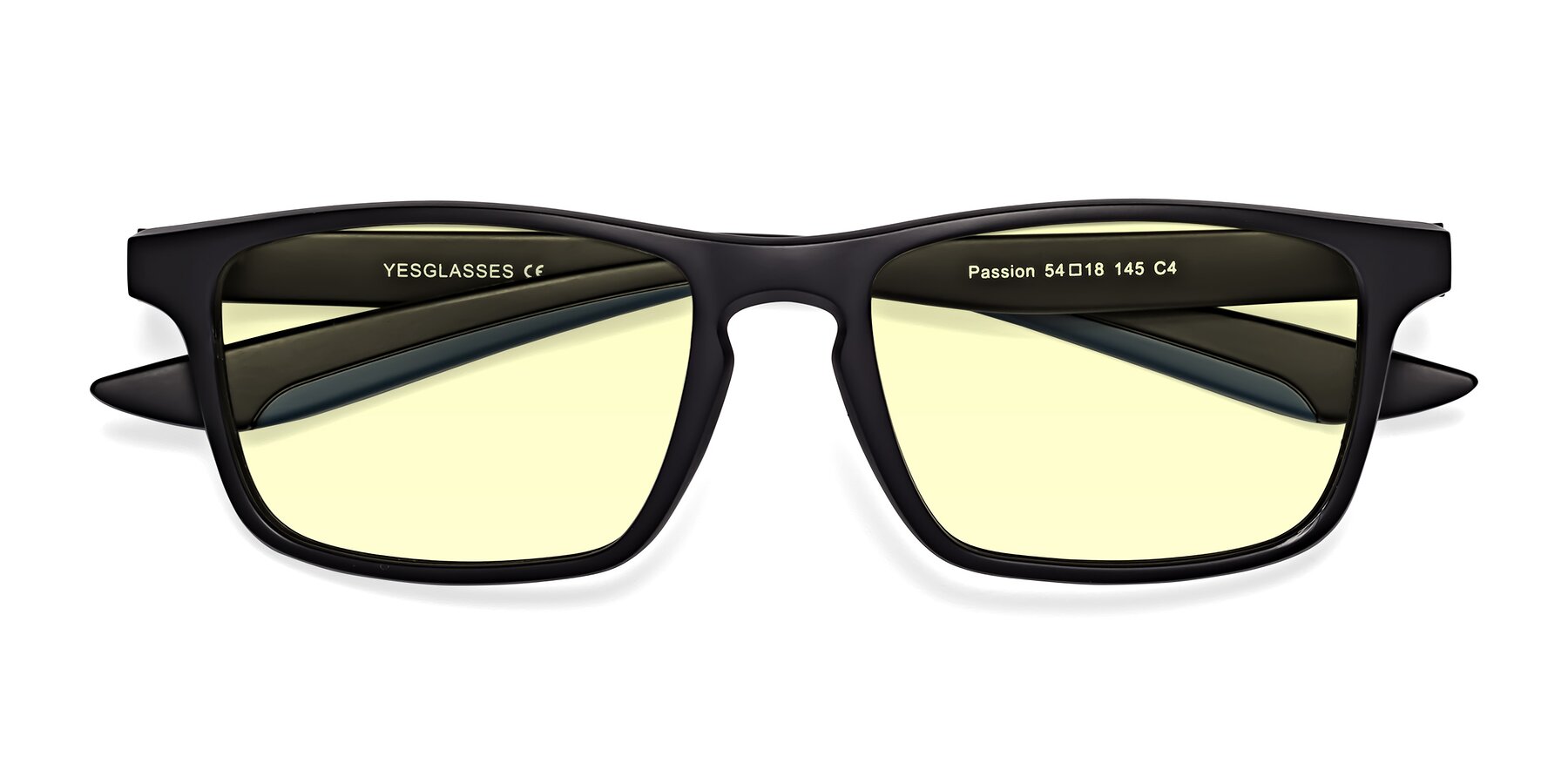 Folded Front of Passion in Matte Black-Blue with Light Yellow Tinted Lenses