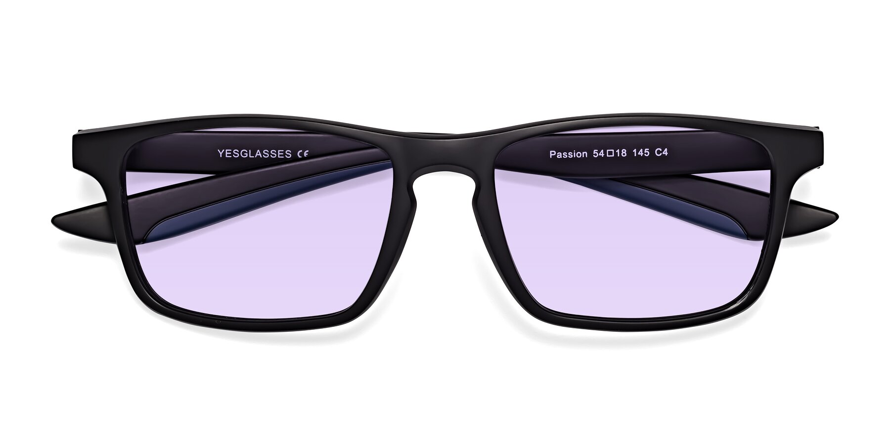 Folded Front of Passion in Matte Black-Blue with Light Purple Tinted Lenses