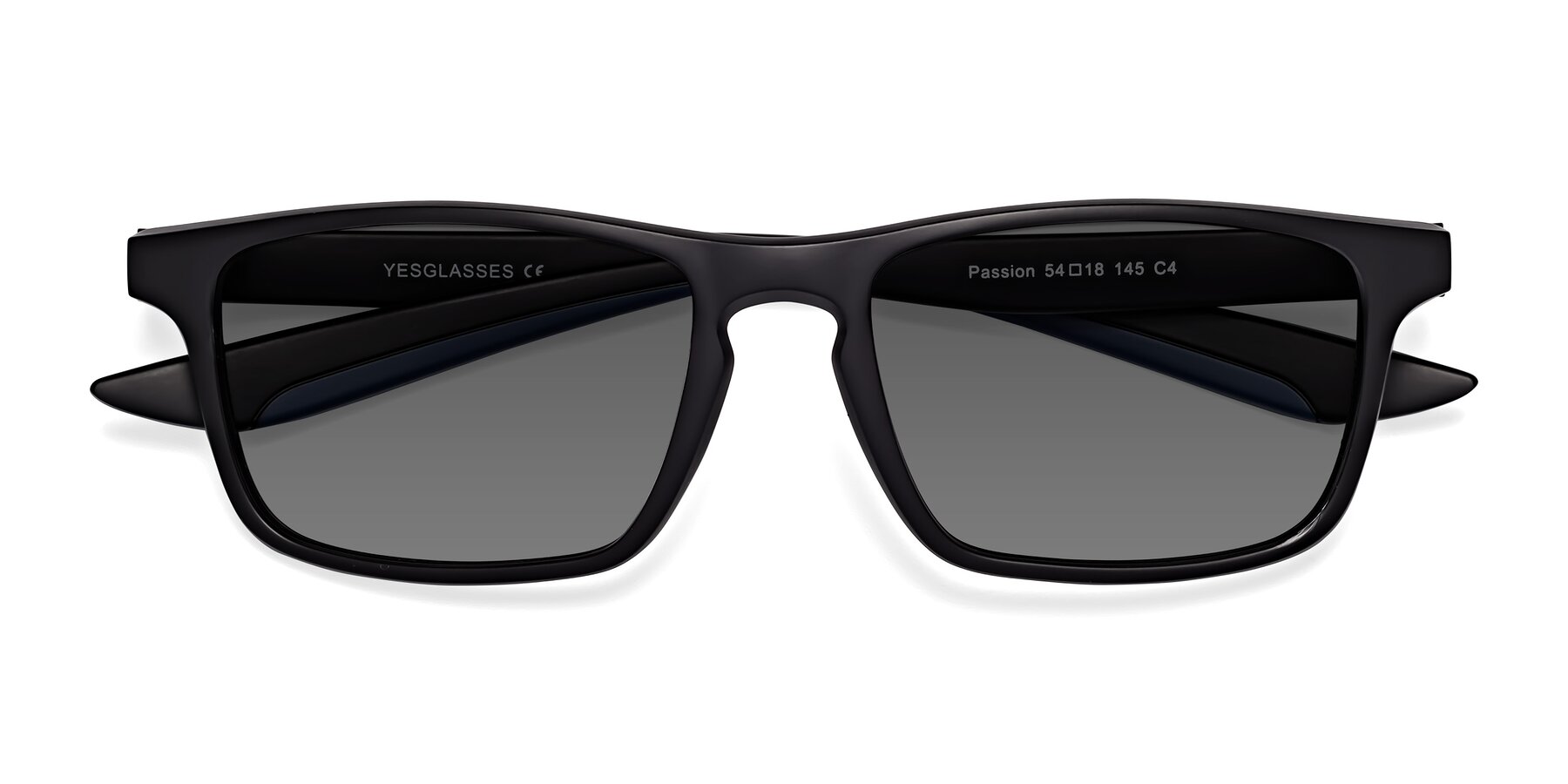 Folded Front of Passion in Matte Black-Blue with Medium Gray Tinted Lenses