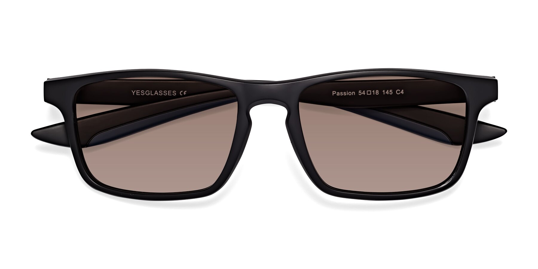 Folded Front of Passion in Matte Black-Blue with Medium Brown Tinted Lenses