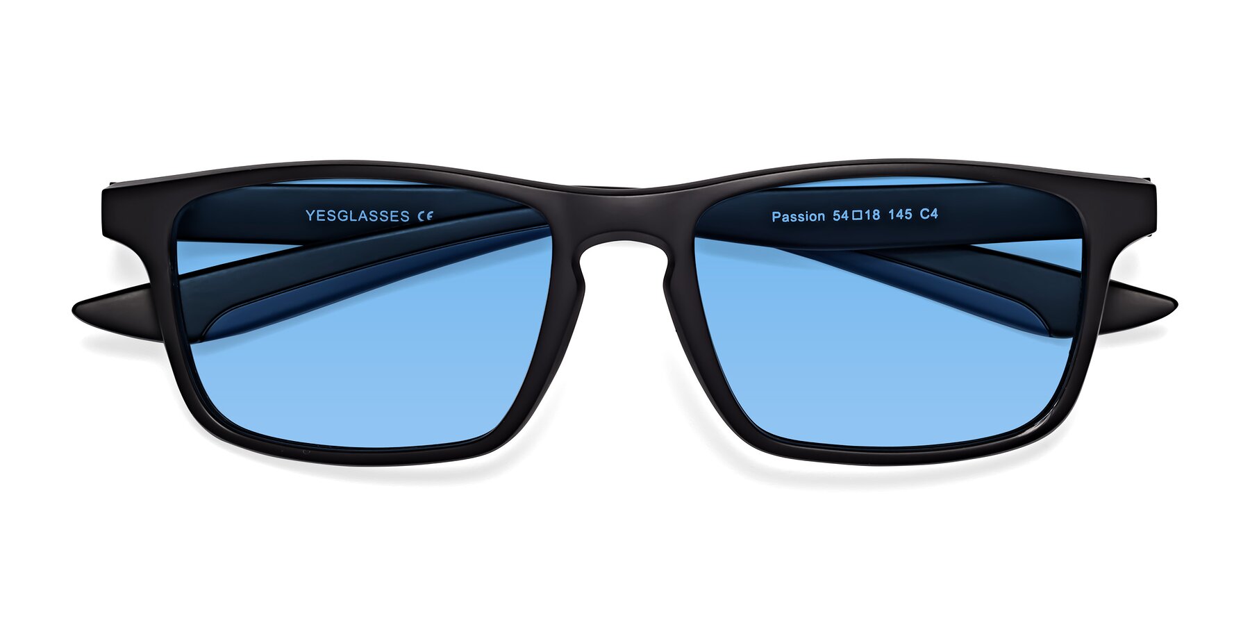 Folded Front of Passion in Matte Black-Blue with Medium Blue Tinted Lenses