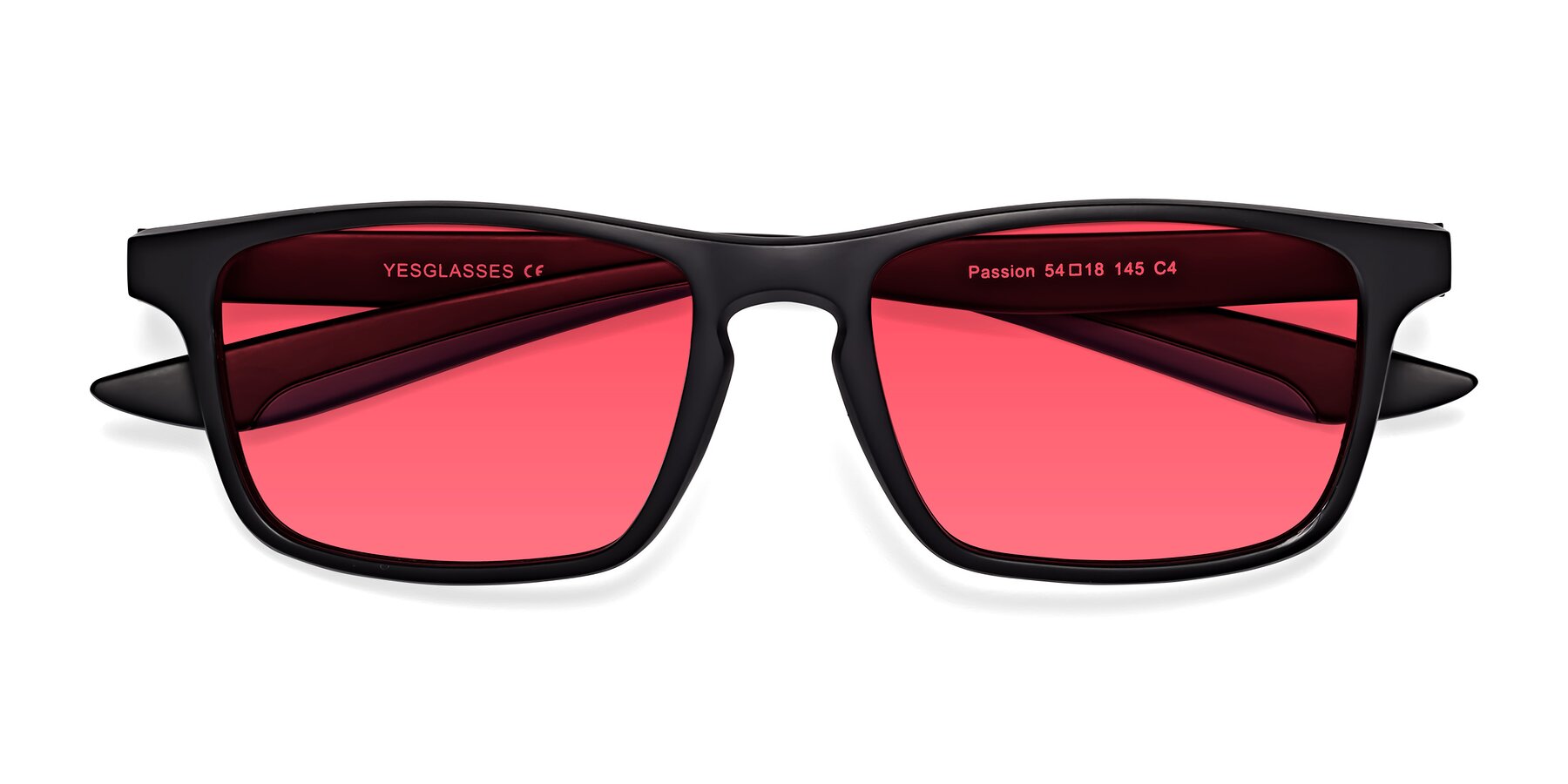 Folded Front of Passion in Matte Black-Blue with Red Tinted Lenses