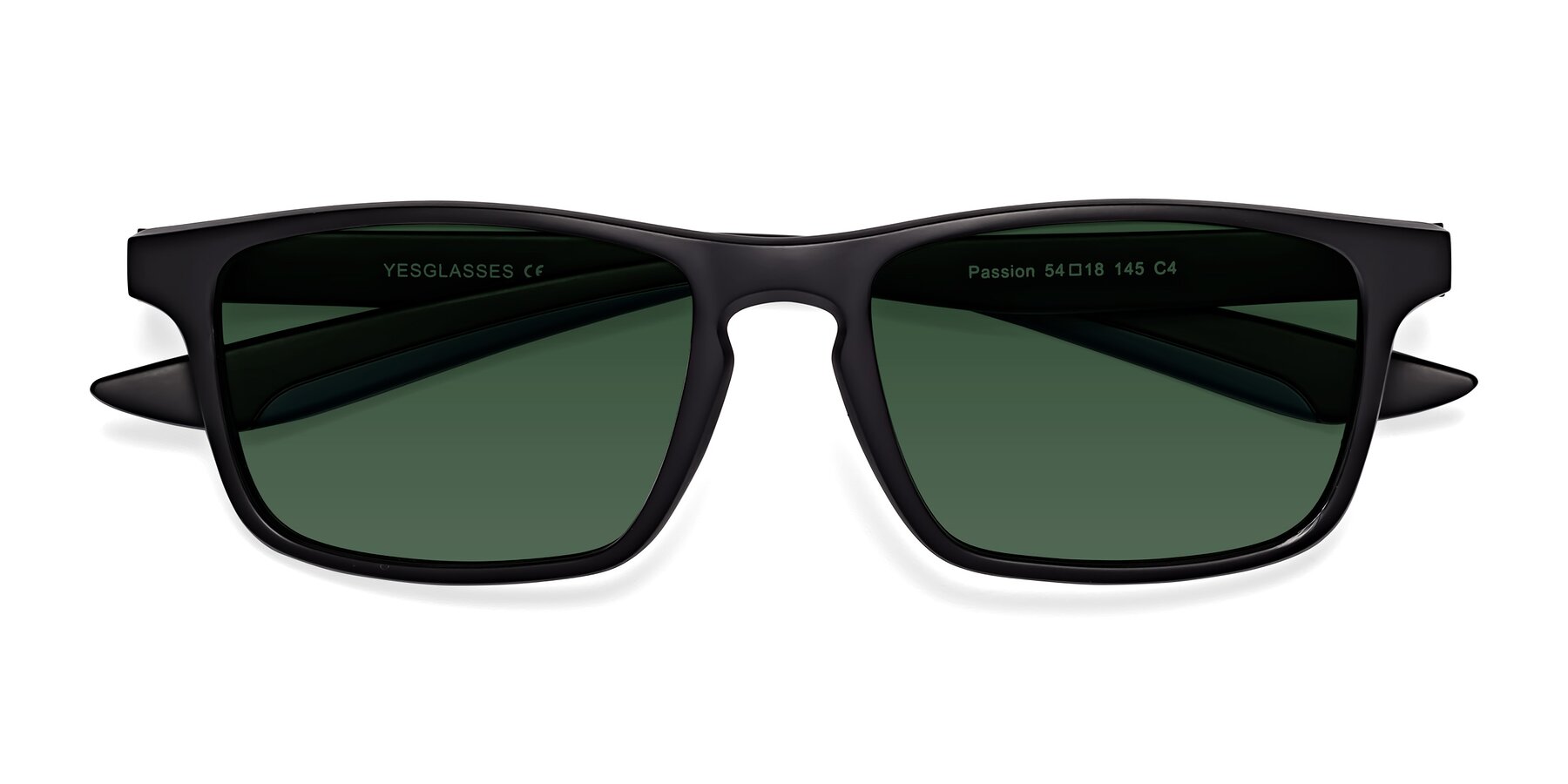 Folded Front of Passion in Matte Black-Blue with Green Tinted Lenses