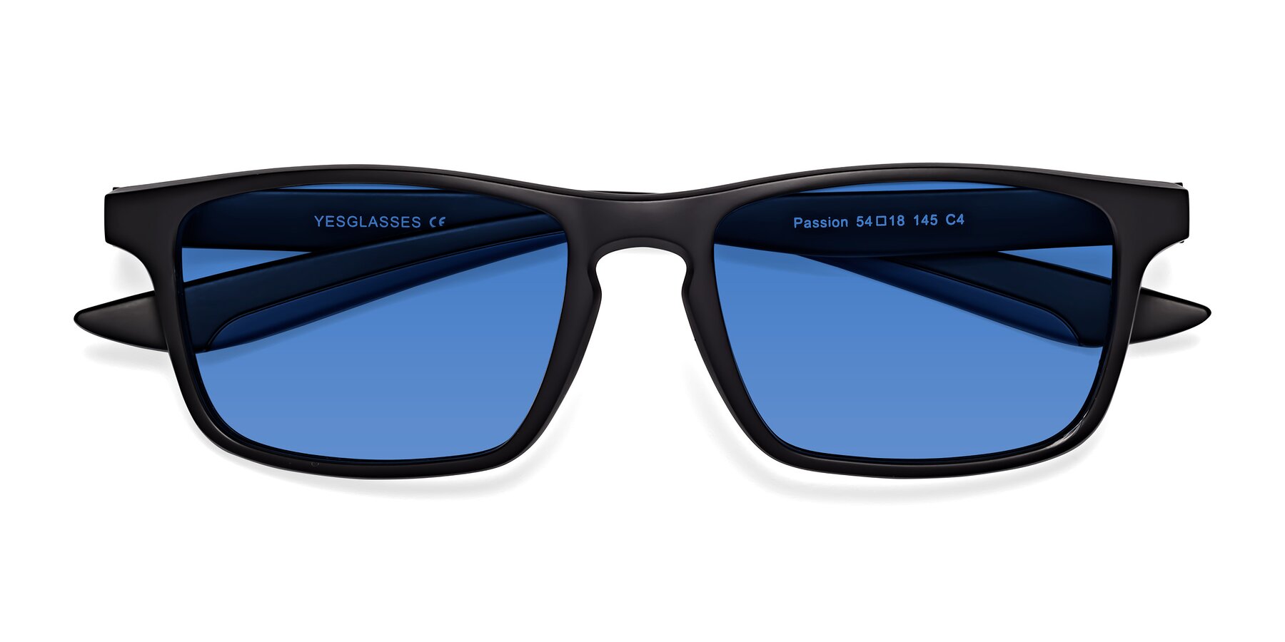 Folded Front of Passion in Matte Black-Blue with Blue Tinted Lenses