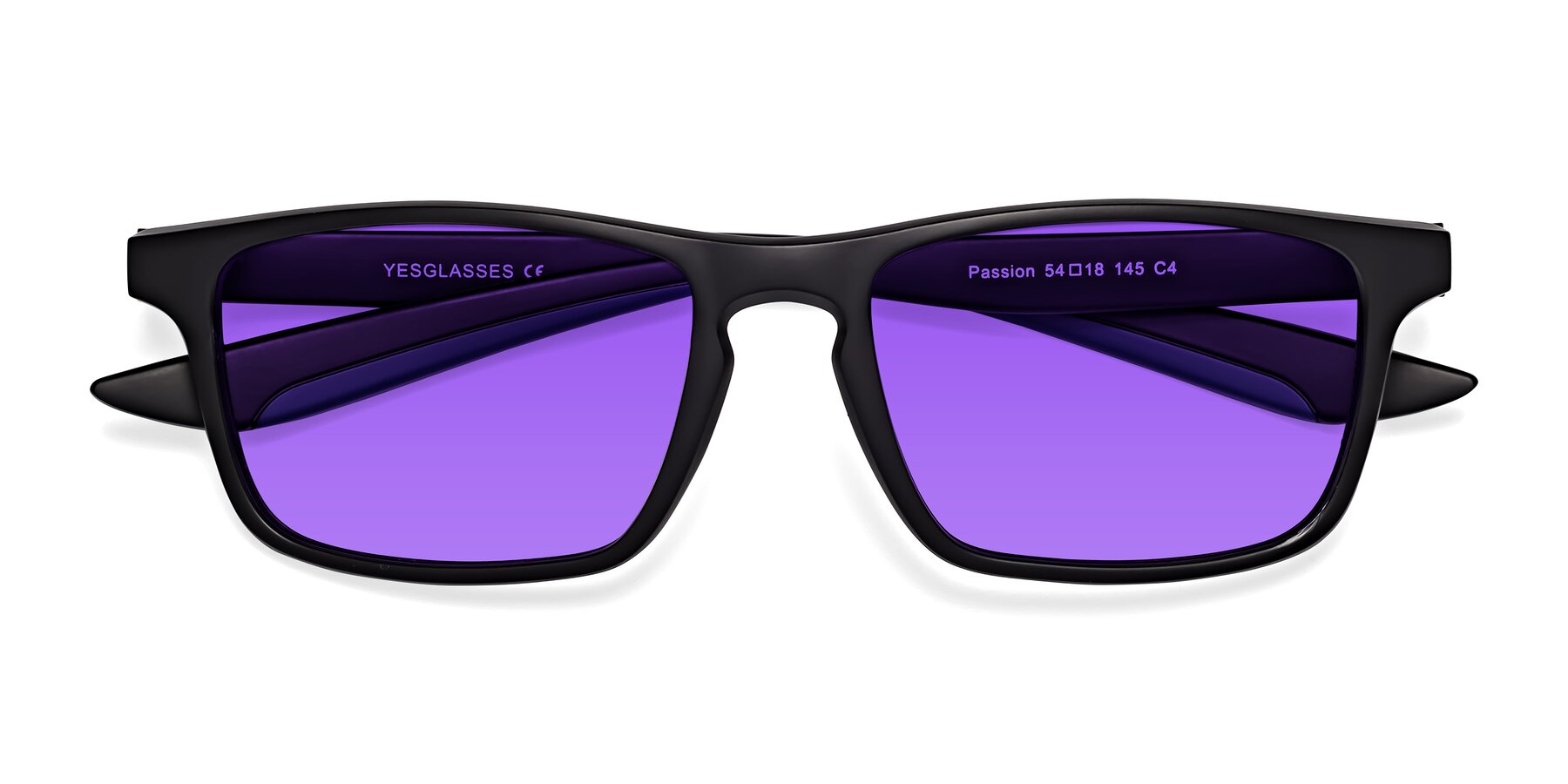 Folded Front of Passion in Matte Black-Blue with Purple Tinted Lenses
