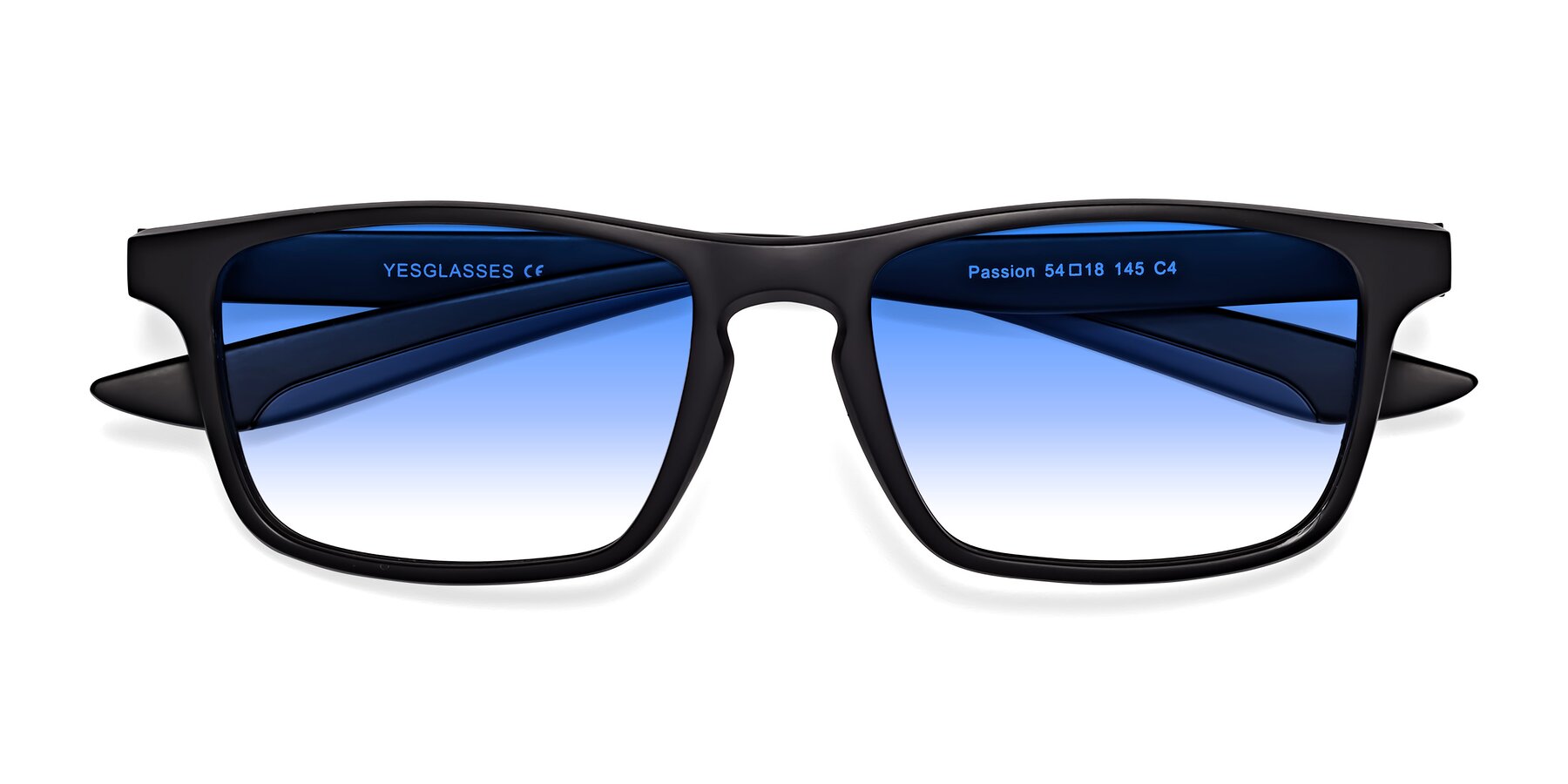Folded Front of Passion in Matte Black-Blue with Blue Gradient Lenses