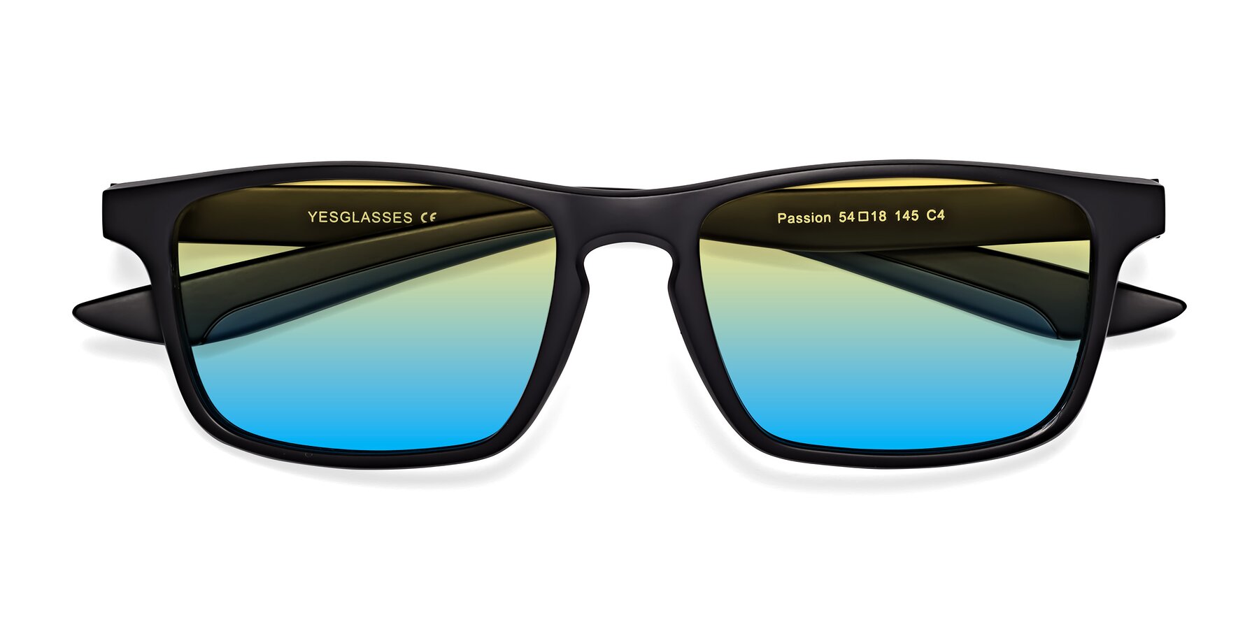 Folded Front of Passion in Matte Black-Blue with Yellow / Blue Gradient Lenses