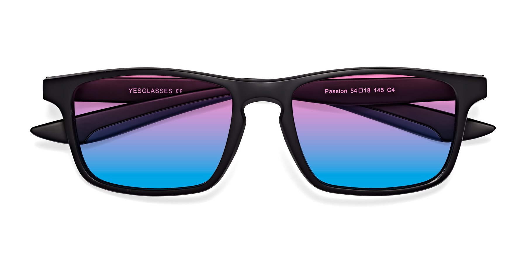 Folded Front of Passion in Matte Black-Blue with Pink / Blue Gradient Lenses