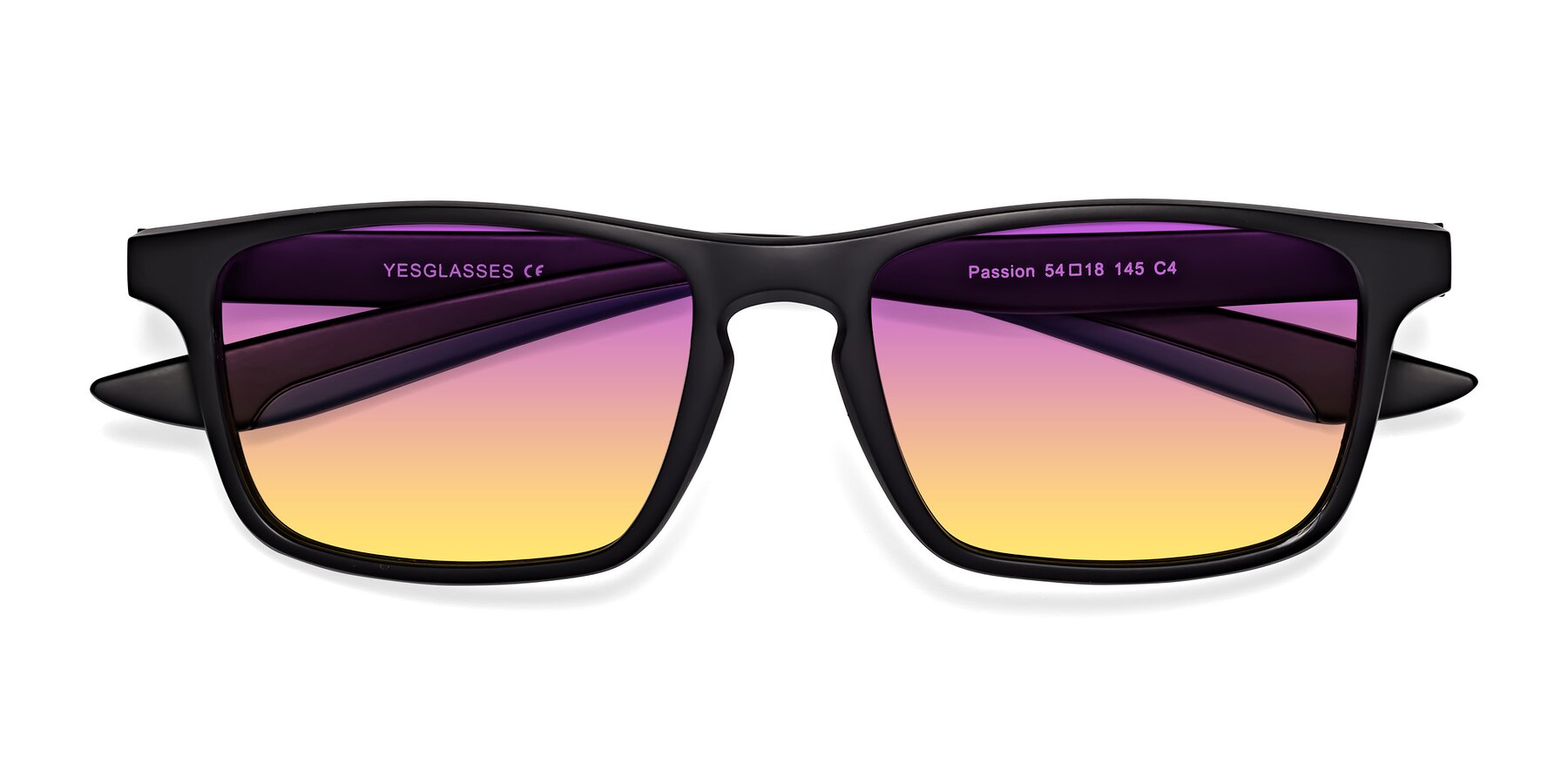 Folded Front of Passion in Matte Black-Blue with Purple / Yellow Gradient Lenses
