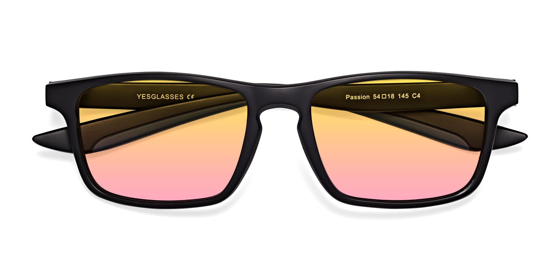 Folded Front of Passion in Matte Black-Blue with Yellow / Pink Gradient Lenses