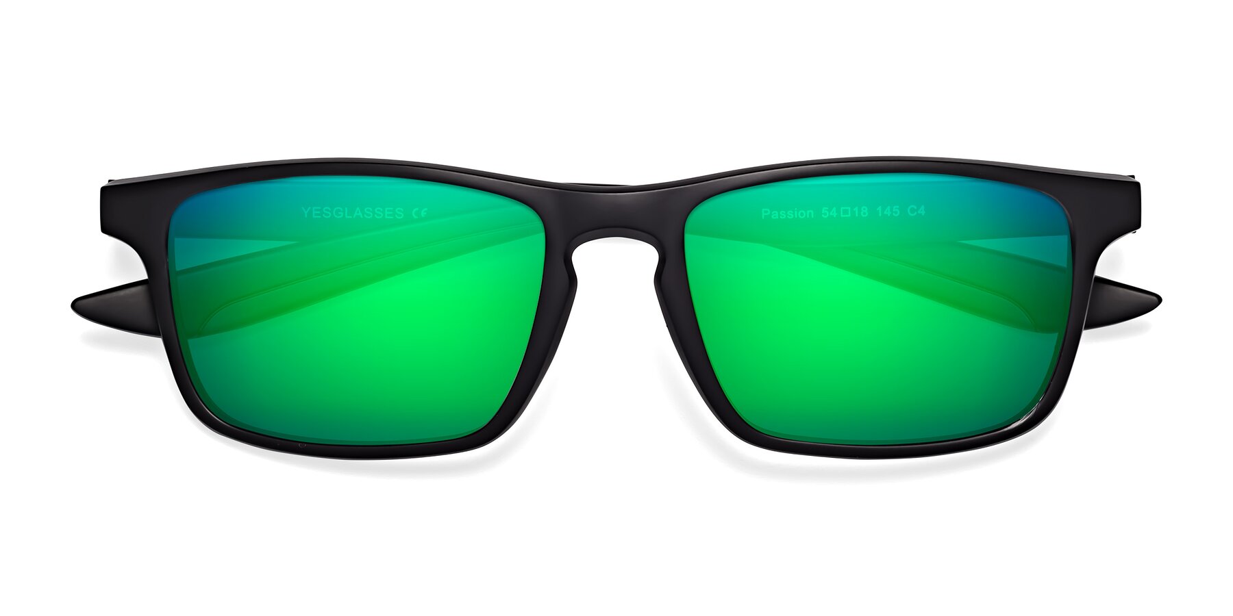 Folded Front of Passion in Matte Black-Blue with Green Mirrored Lenses