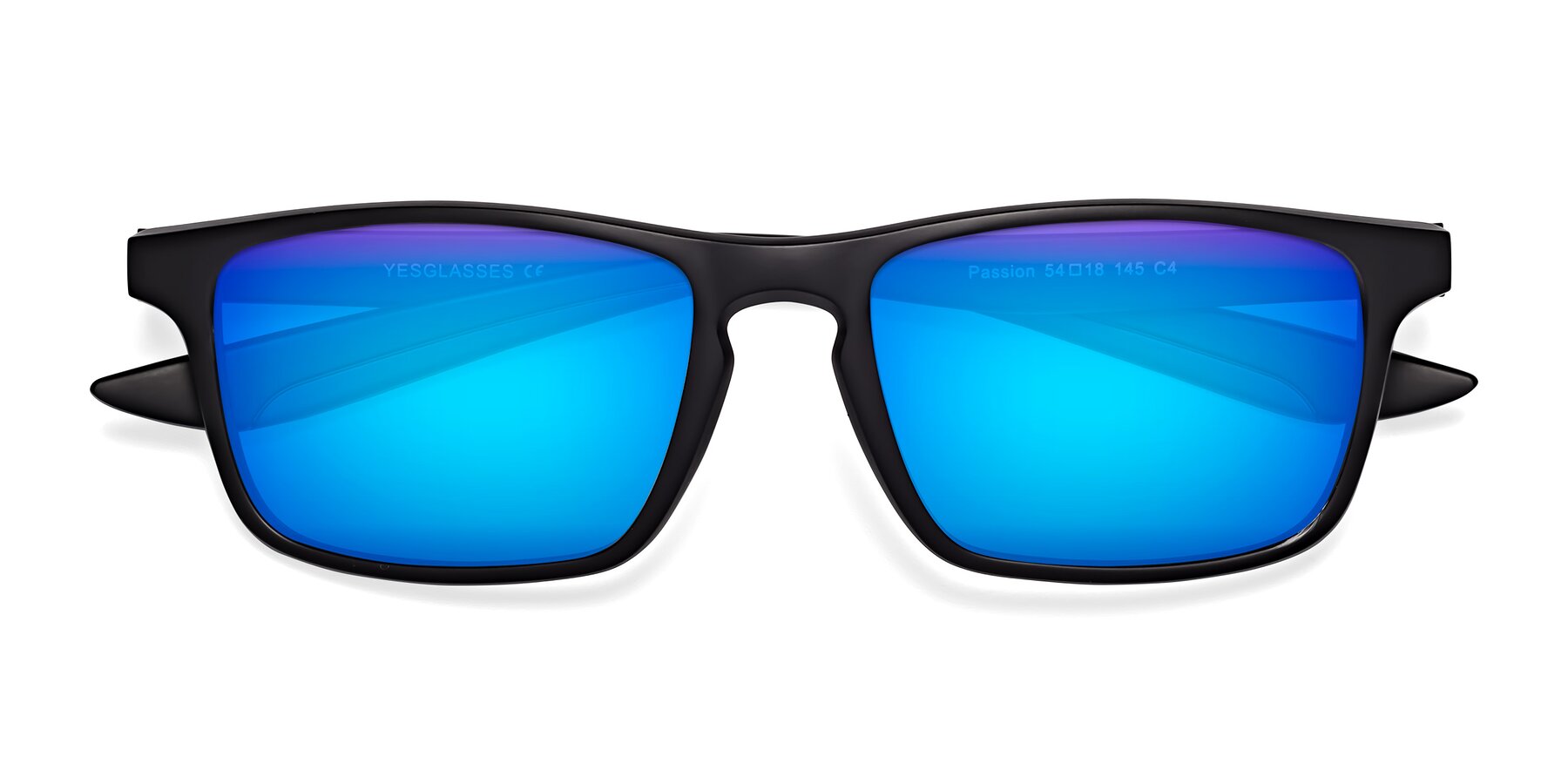 Folded Front of Passion in Matte Black-Blue with Blue Mirrored Lenses