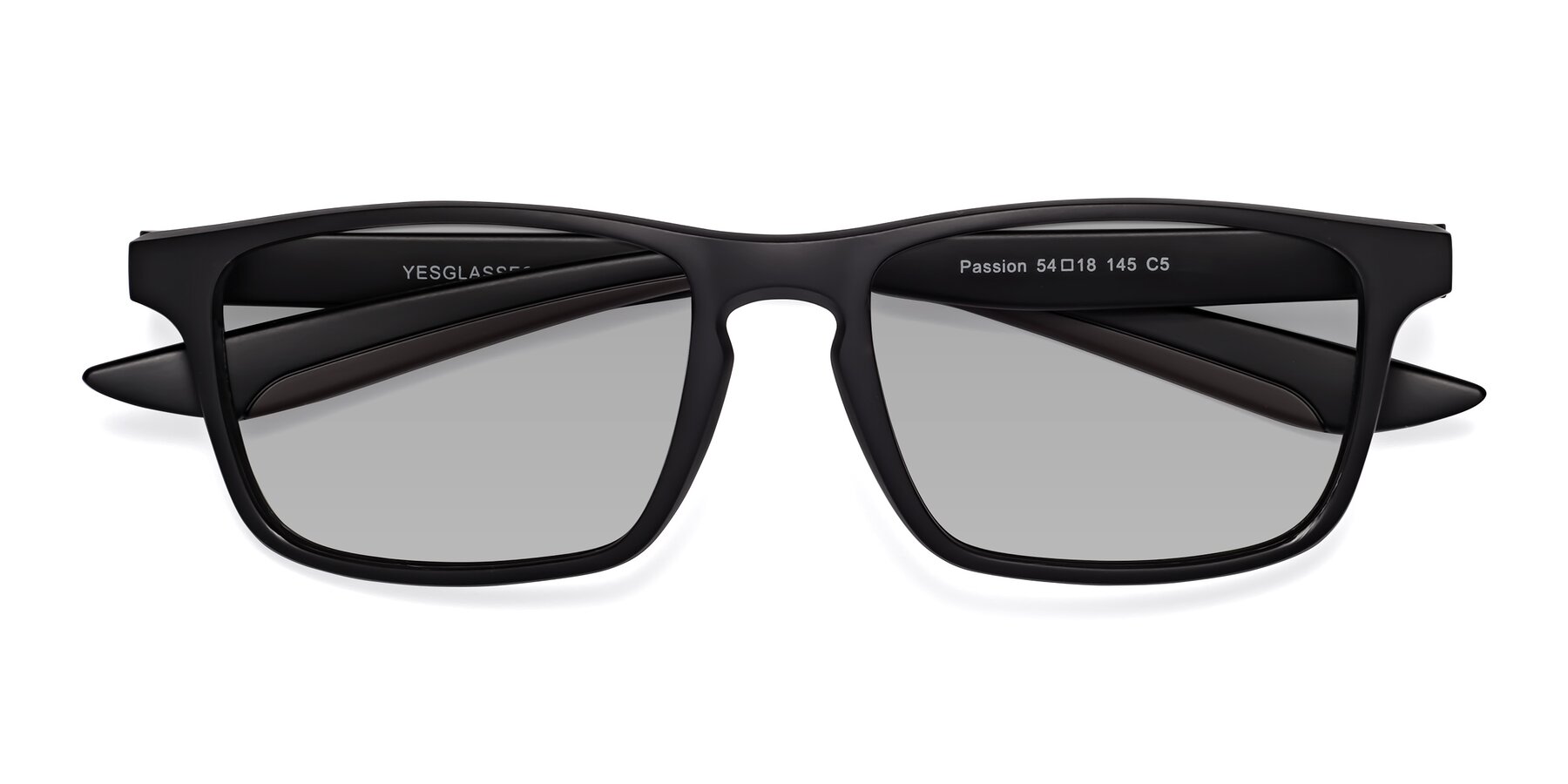 Folded Front of Passion in Matte Black-Coffee with Light Gray Tinted Lenses