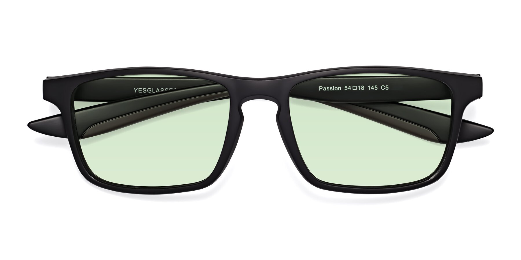 Folded Front of Passion in Matte Black-Coffee with Light Green Tinted Lenses