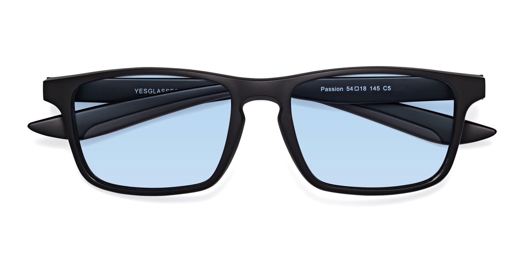Folded Front of Passion in Matte Black-Coffee with Light Blue Tinted Lenses